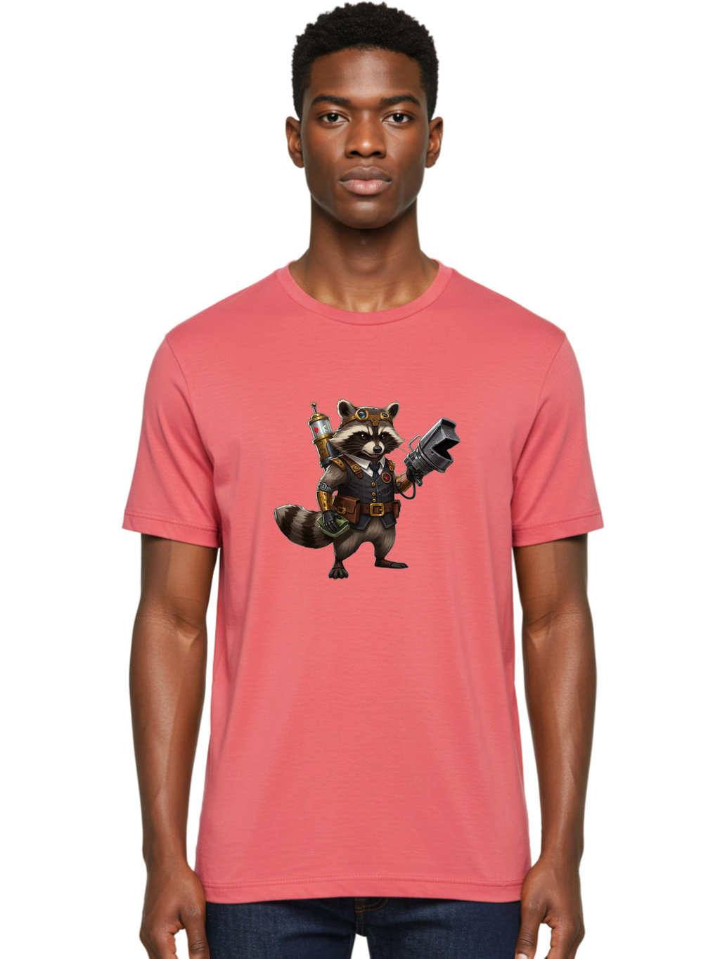 Steampunk-Raccoon Men'S Graphic Tee, 100% Cotton, Comfortable Casual Summer Wear, Machine Washable, Vintage Camera, Old Camera, Antique Camera, Black Camera, Classic Photography, Photography Equipment, Nostalgic Device, Film Camera, Camera Art Ban624