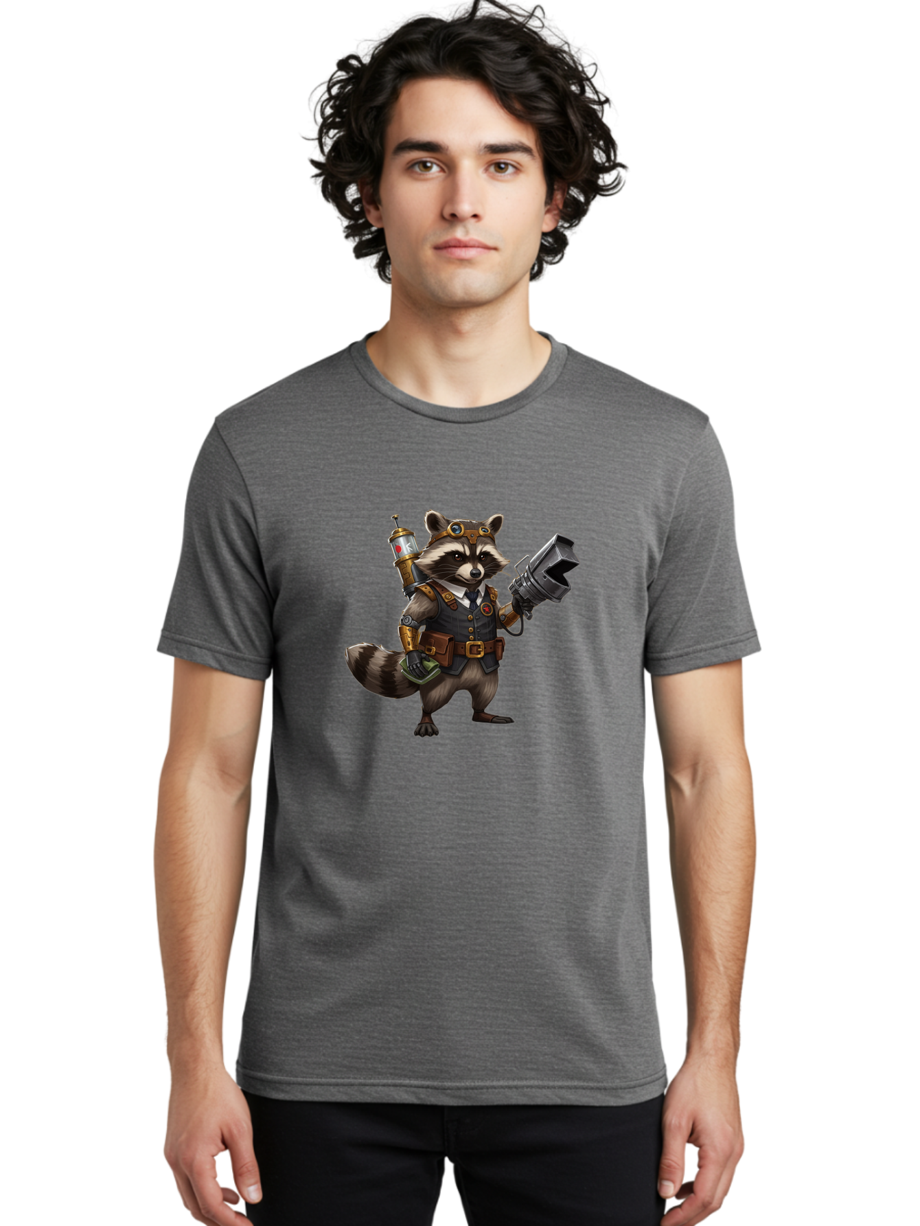 Steampunk-Raccoon Men'S Graphic Tee, 100% Cotton, Comfortable Casual Summer Wear, Machine Washable, Vintage Camera, Old Camera, Antique Camera, Black Camera, Classic Photography, Photography Equipment, Nostalgic Device, Film Camera, Camera Art Ban624