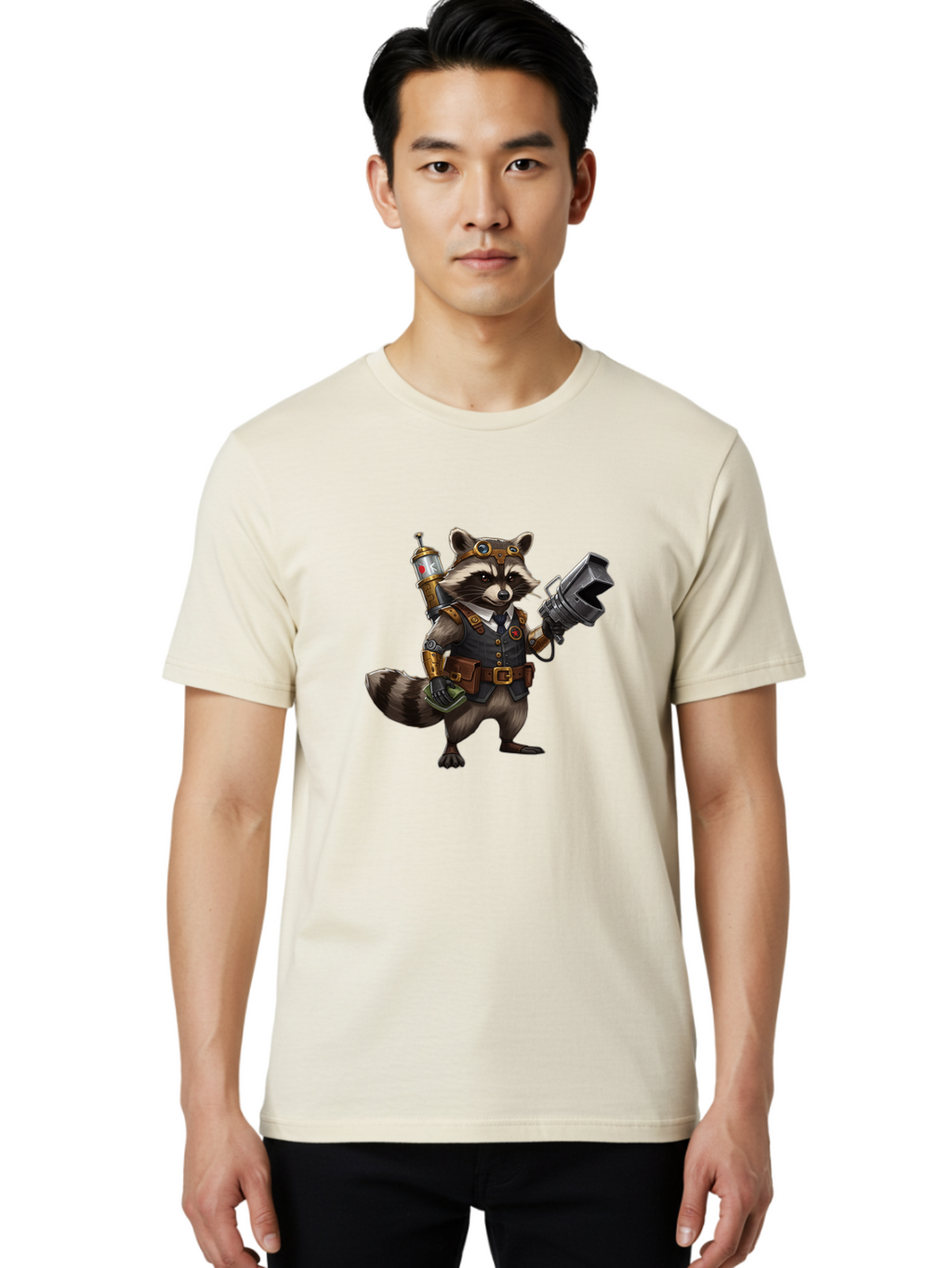 Steampunk-Raccoon Men'S Graphic Tee, 100% Cotton, Comfortable Casual Summer Wear, Machine Washable, Vintage Camera, Old Camera, Antique Camera, Black Camera, Classic Photography, Photography Equipment, Nostalgic Device, Film Camera, Camera Art Ban624