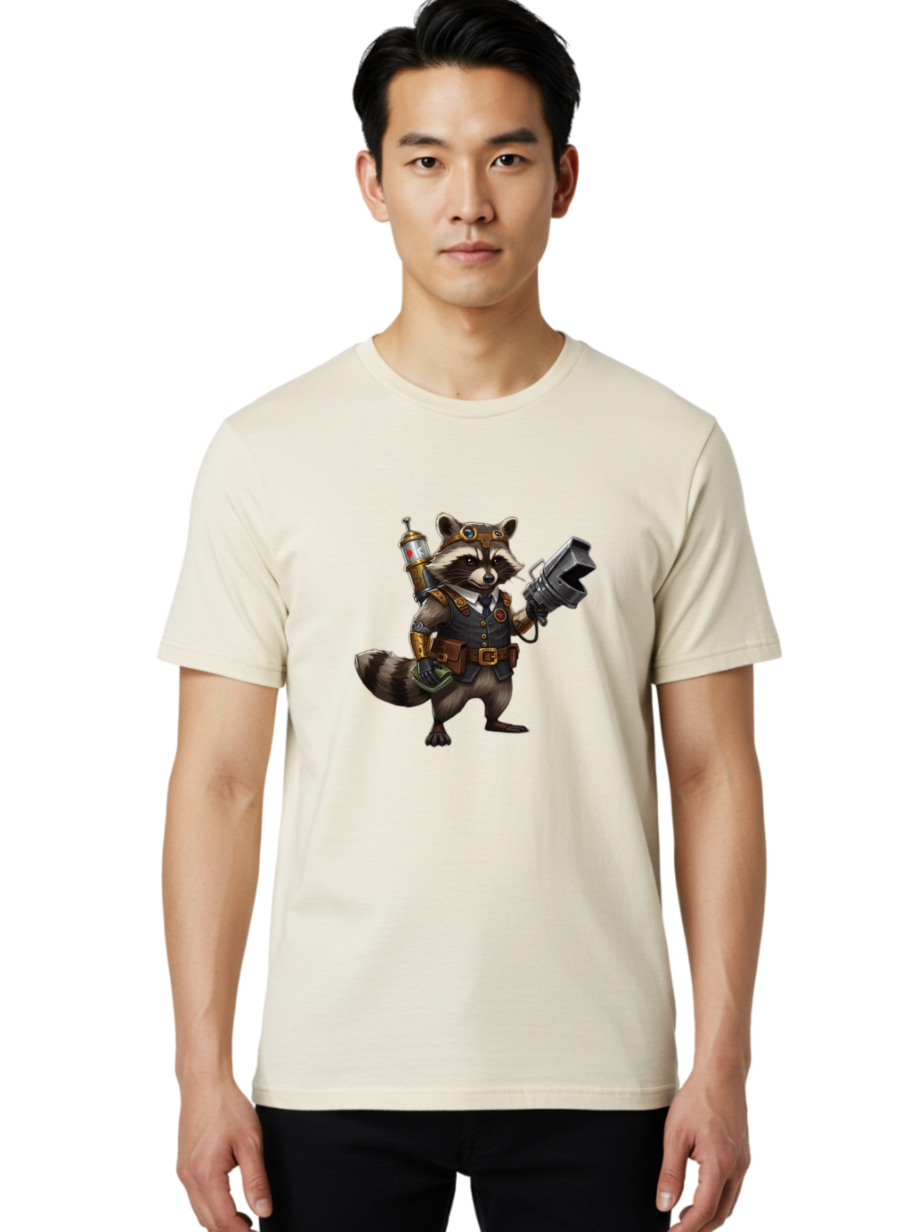 Steampunk-Raccoon Men'S Graphic Tee, 100% Cotton, Comfortable Casual Summer Wear, Machine Washable, Vintage Camera, Old Camera, Antique Camera, Black Camera, Classic Photography, Photography Equipment, Nostalgic Device, Film Camera, Camera Art Ban624