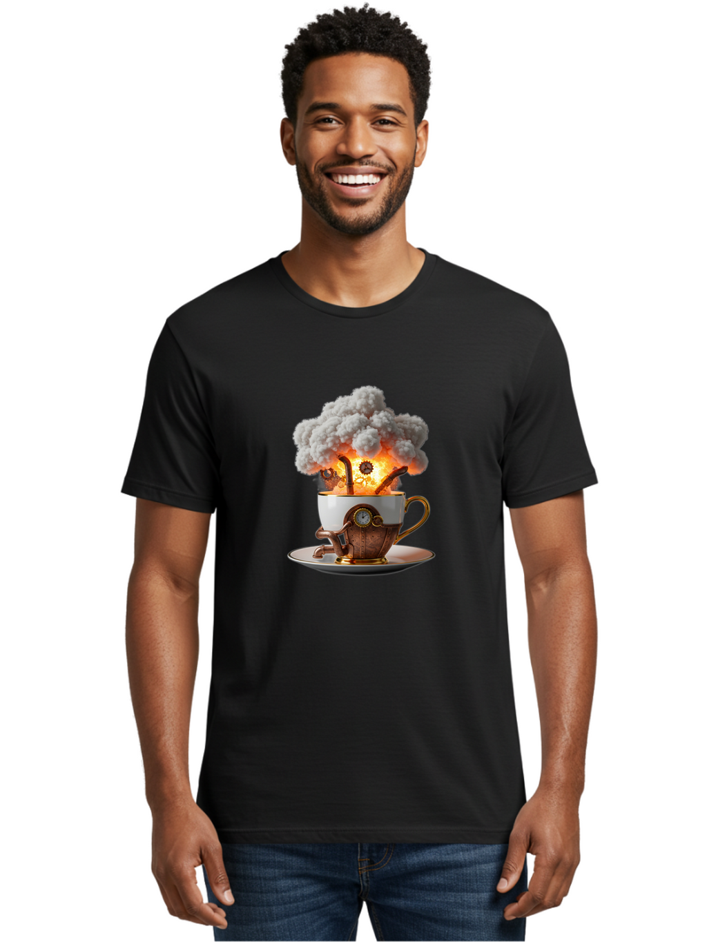 Steampunk-Tea-Cup-Explosion Men'S Graphic Tee, 100% Cotton, Comfortable Casual Summer Wear, Machine Washable, Vintage Camera, Old Camera, Antique Camera, Black Camera, Classic Photography, Photography Equipment, Nostalgic Device, Film Camera, Ban631