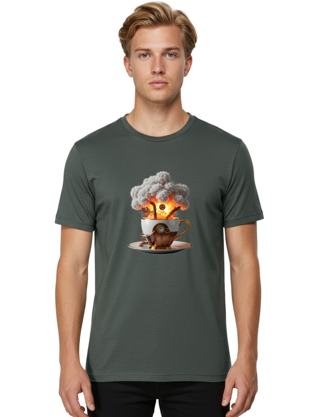 Steampunk-Tea-Cup-Explosion Men'S Graphic Tee, 100% Cotton, Comfortable Casual Summer Wear, Machine Washable, Vintage Camera, Old Camera, Antique Camera, Black Camera, Classic Photography, Photography Equipment, Nostalgic Device, Film Camera, Ban631