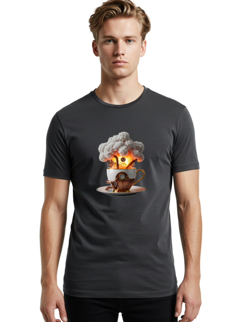 Steampunk-Tea-Cup-Explosion Men'S Graphic Tee, 100% Cotton, Comfortable Casual Summer Wear, Machine Washable, Vintage Camera, Old Camera, Antique Camera, Black Camera, Classic Photography, Photography Equipment, Nostalgic Device, Film Camera, Ban631