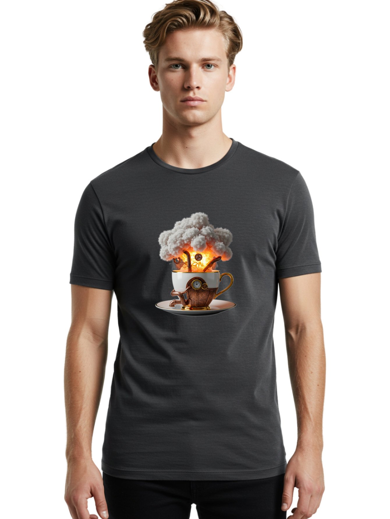 Steampunk-Tea-Cup-Explosion Men'S Graphic Tee, 100% Cotton, Comfortable Casual Summer Wear, Machine Washable, Vintage Camera, Old Camera, Antique Camera, Black Camera, Classic Photography, Photography Equipment, Nostalgic Device, Film Camera, Ban631