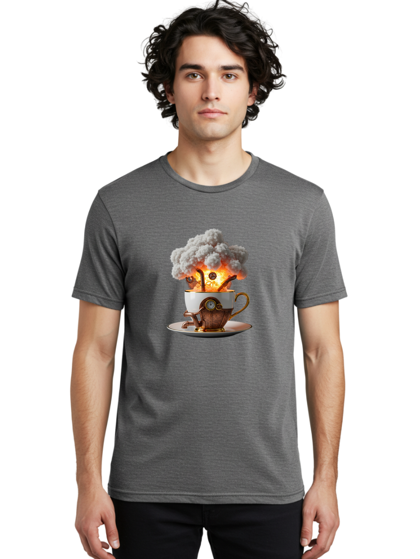 Steampunk-Tea-Cup-Explosion Men'S Graphic Tee, 100% Cotton, Comfortable Casual Summer Wear, Machine Washable, Vintage Camera, Old Camera, Antique Camera, Black Camera, Classic Photography, Photography Equipment, Nostalgic Device, Film Camera, Ban631