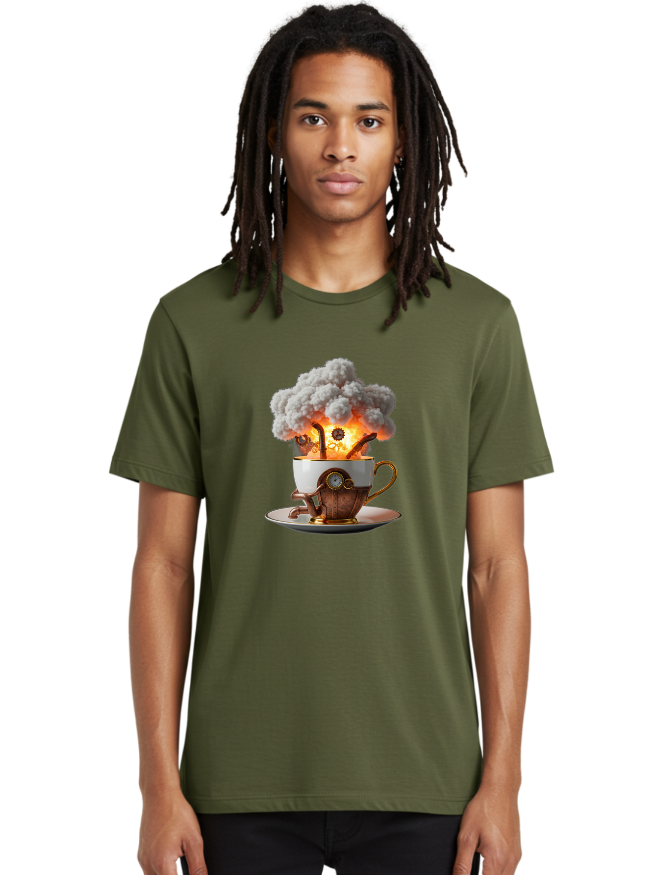 Steampunk-Tea-Cup-Explosion Men'S Graphic Tee, 100% Cotton, Comfortable Casual Summer Wear, Machine Washable, Vintage Camera, Old Camera, Antique Camera, Black Camera, Classic Photography, Photography Equipment, Nostalgic Device, Film Camera, Ban631