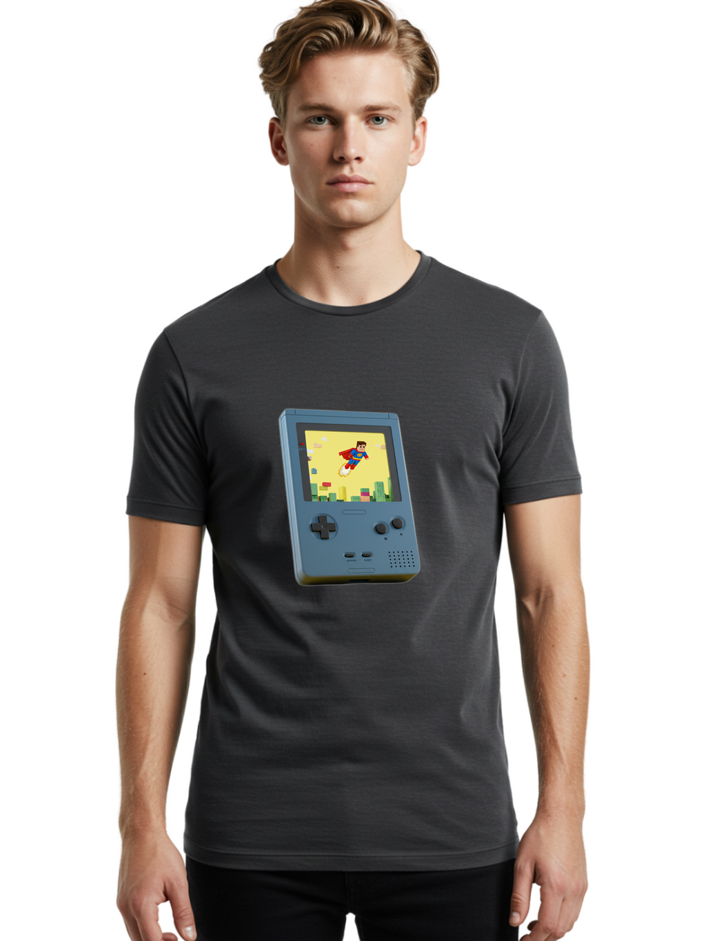 Superman-Gameboy Men'S Graphic Tee, 100% Cotton, Comfortable Casual Summer Wear, Machine Washable, Vintage Camera, Old Camera, Antique Camera, Black Camera, Classic Photography, Photography Equipment, Nostalgic Device, Film Camera, Camera Art Ban679