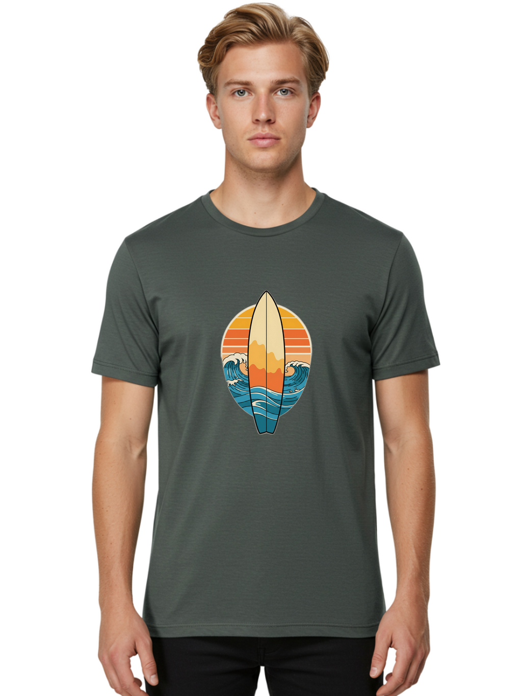 Surfboard-Sunset Men'S Graphic Tee, 100% Cotton, Comfortable Casual Summer Wear, Machine Washable, Vintage Camera, Old Camera, Antique Camera, Black Camera, Classic Photography, Photography Equipment, Nostalgic Device, Film Camera, Camera Art Ban680