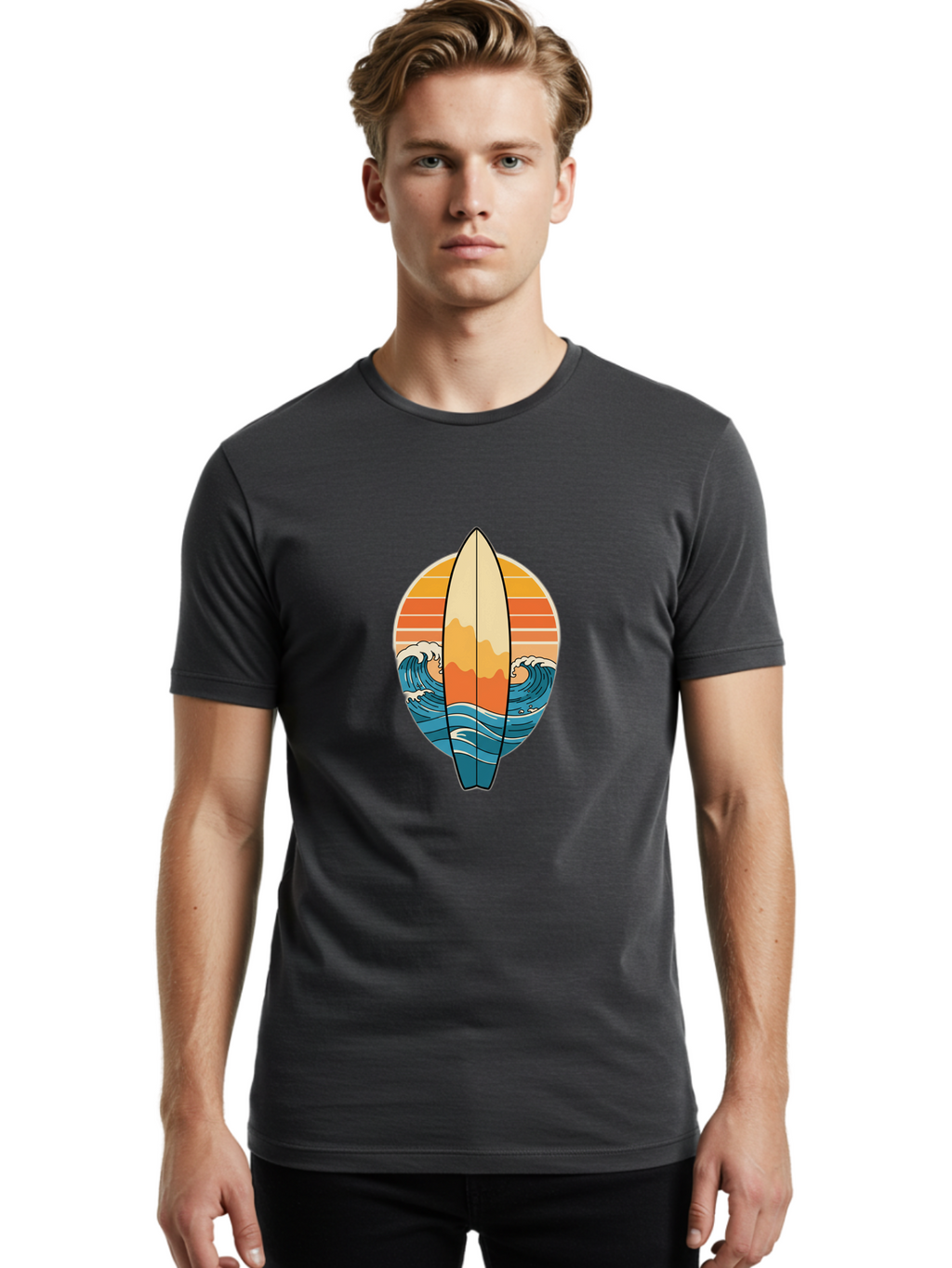 Surfboard-Sunset Men'S Graphic Tee, 100% Cotton, Comfortable Casual Summer Wear, Machine Washable, Vintage Camera, Old Camera, Antique Camera, Black Camera, Classic Photography, Photography Equipment, Nostalgic Device, Film Camera, Camera Art Ban680