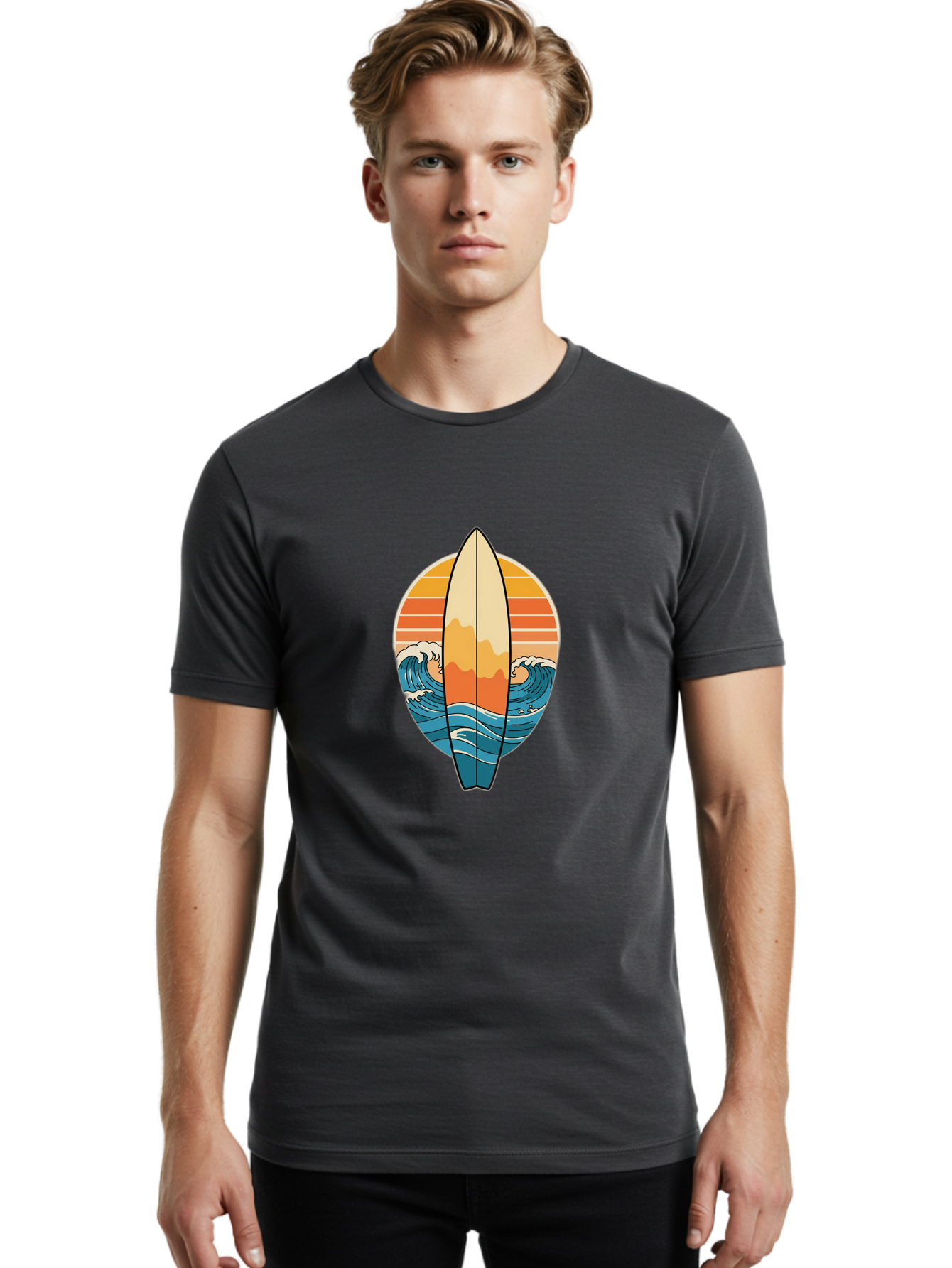 Surfboard-Sunset Men'S Graphic Tee, 100% Cotton, Comfortable Casual Summer Wear, Machine Washable, Vintage Camera, Old Camera, Antique Camera, Black Camera, Classic Photography, Photography Equipment, Nostalgic Device, Film Camera, Camera Art Ban680