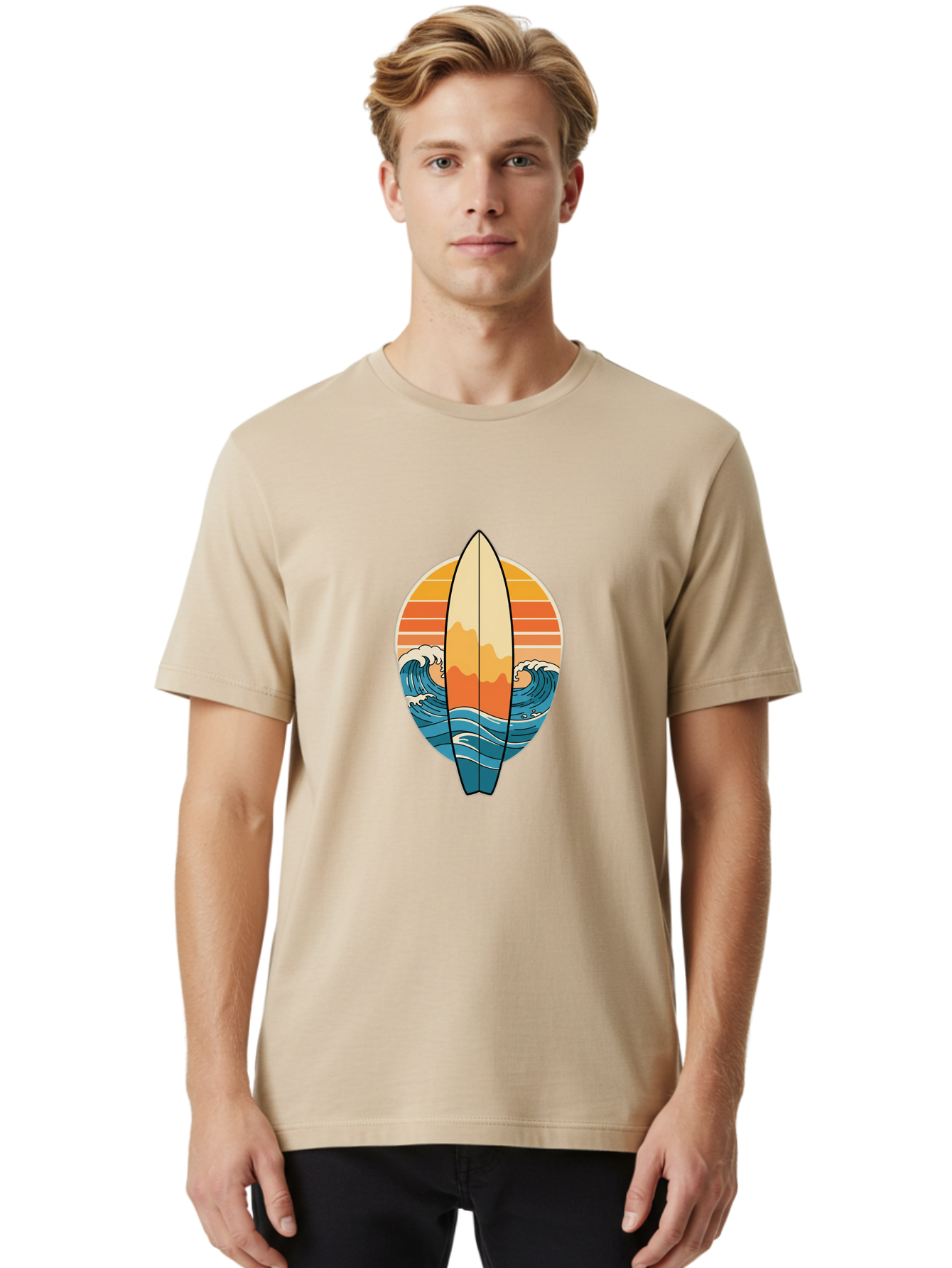 Surfboard-Sunset Men'S Graphic Tee, 100% Cotton, Comfortable Casual Summer Wear, Machine Washable, Vintage Camera, Old Camera, Antique Camera, Black Camera, Classic Photography, Photography Equipment, Nostalgic Device, Film Camera, Camera Art Ban680