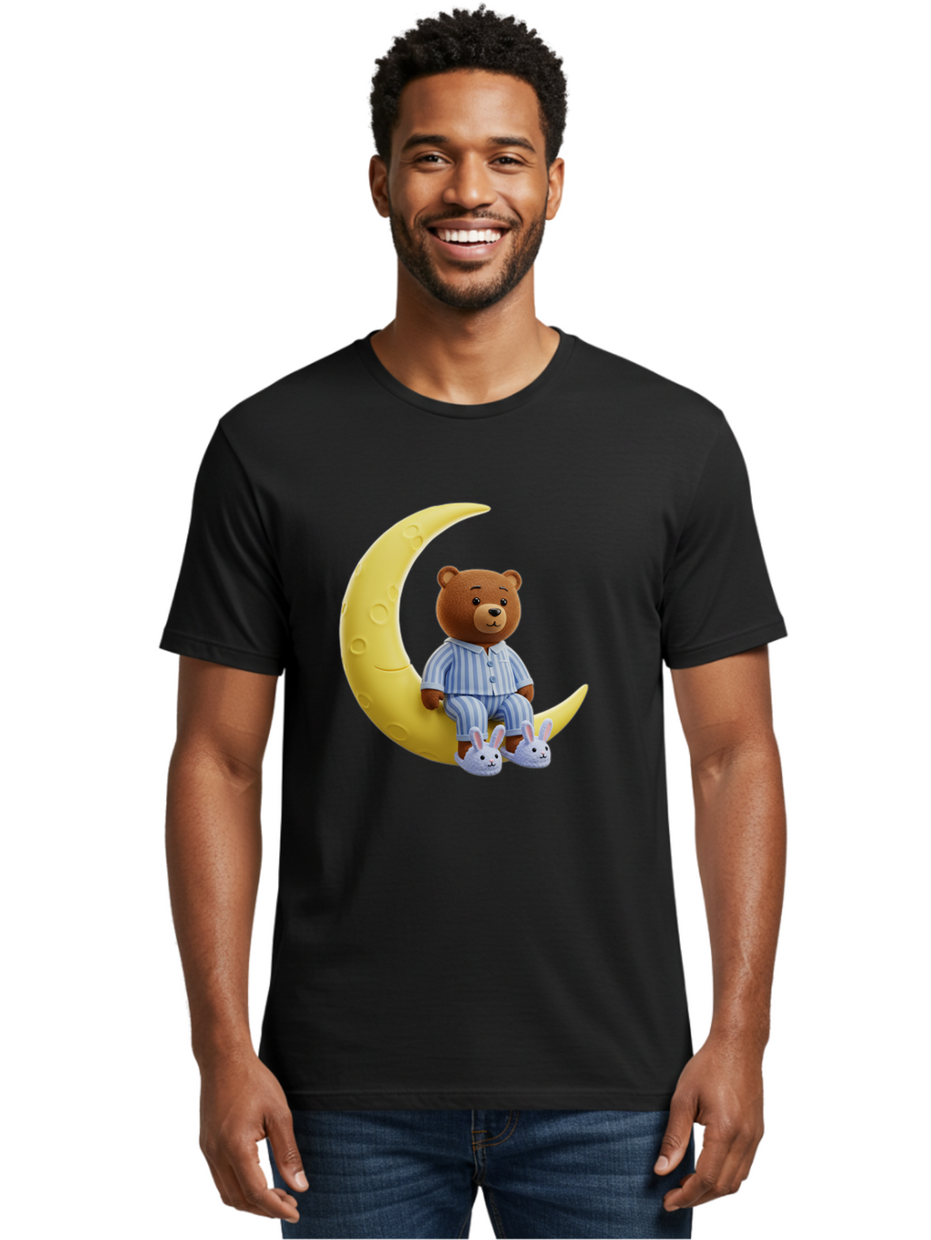 Teddy-On-Crescent-Moon Men'S Graphic Tee, 100% Cotton, Comfortable Casual Summer Wear, Machine Washable, Vintage Camera, Old Camera, Antique Camera, Black Camera, Classic Photography, Photography Equipment, Nostalgic Device, Film Camera, Ban729
