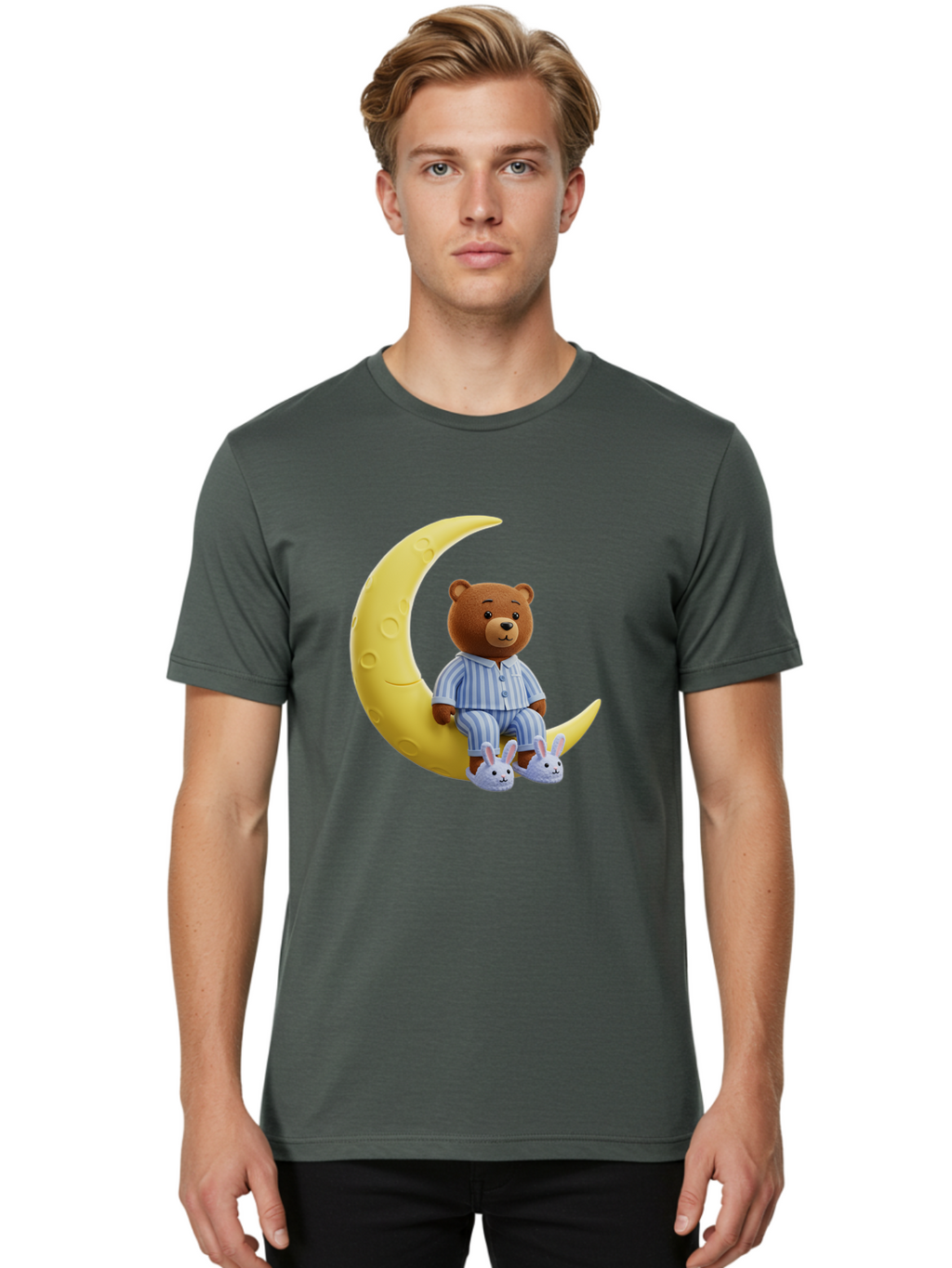 Teddy-On-Crescent-Moon Men'S Graphic Tee, 100% Cotton, Comfortable Casual Summer Wear, Machine Washable, Vintage Camera, Old Camera, Antique Camera, Black Camera, Classic Photography, Photography Equipment, Nostalgic Device, Film Camera, Ban729