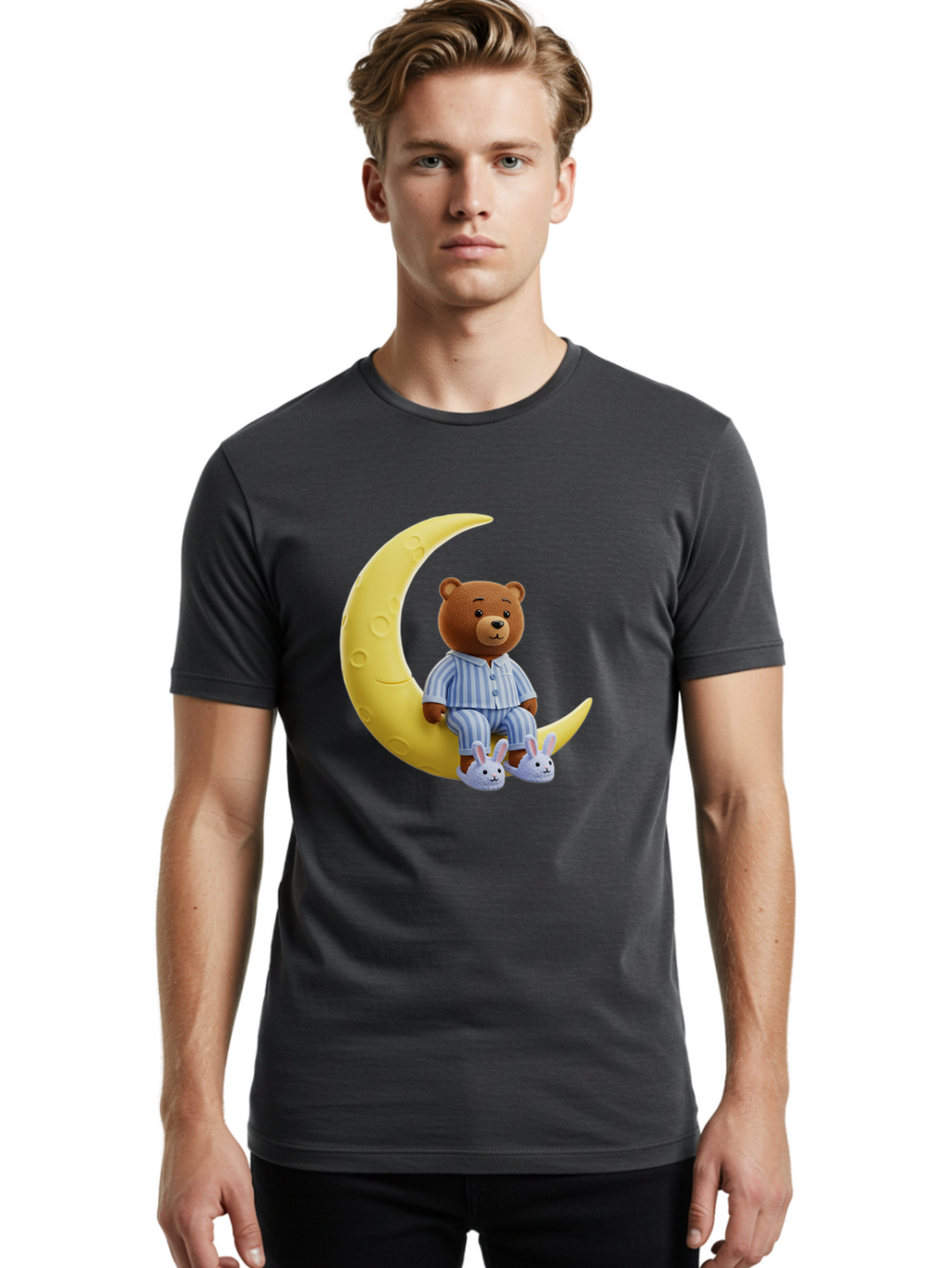 Teddy-On-Crescent-Moon Men'S Graphic Tee, 100% Cotton, Comfortable Casual Summer Wear, Machine Washable, Vintage Camera, Old Camera, Antique Camera, Black Camera, Classic Photography, Photography Equipment, Nostalgic Device, Film Camera, Ban729