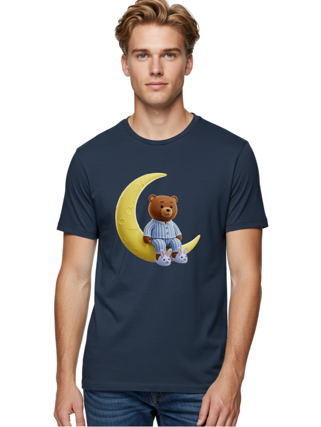 Teddy-On-Crescent-Moon Men'S Graphic Tee, 100% Cotton, Comfortable Casual Summer Wear, Machine Washable, Vintage Camera, Old Camera, Antique Camera, Black Camera, Classic Photography, Photography Equipment, Nostalgic Device, Film Camera, Ban729