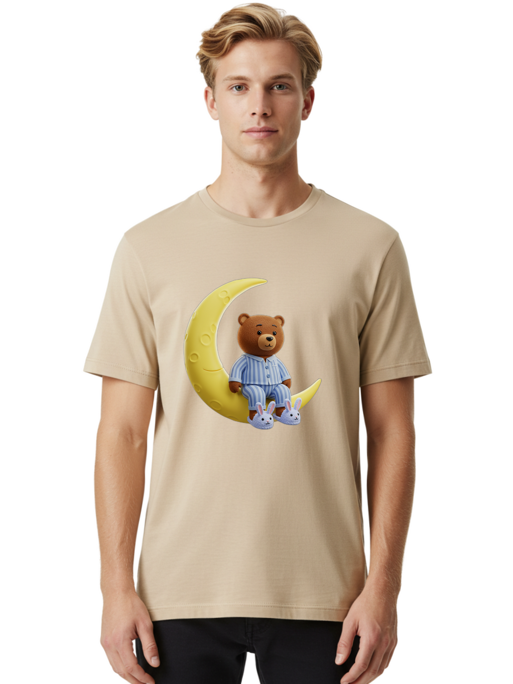 Teddy-On-Crescent-Moon Men'S Graphic Tee, 100% Cotton, Comfortable Casual Summer Wear, Machine Washable, Vintage Camera, Old Camera, Antique Camera, Black Camera, Classic Photography, Photography Equipment, Nostalgic Device, Film Camera, Ban729
