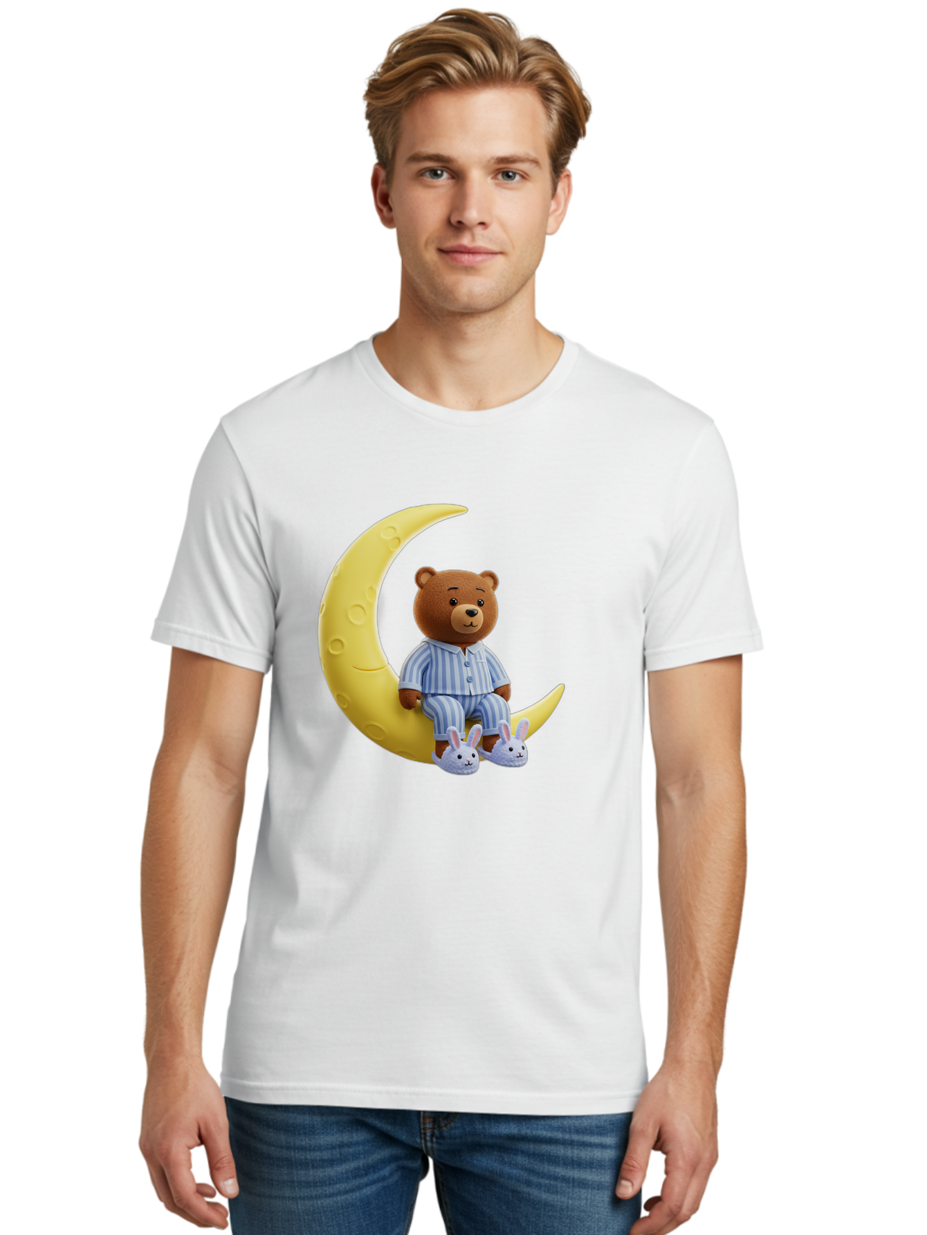Teddy-On-Crescent-Moon Men'S Graphic Tee, 100% Cotton, Comfortable Casual Summer Wear, Machine Washable, Vintage Camera, Old Camera, Antique Camera, Black Camera, Classic Photography, Photography Equipment, Nostalgic Device, Film Camera, Ban729