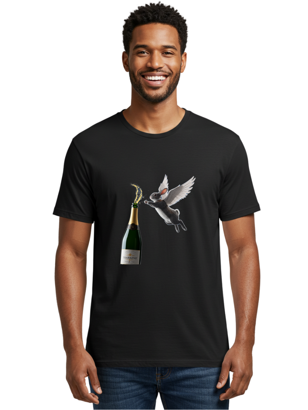 Thabrent-Champagne-Bottle-And-Flying-Bunny Men'S Graphic Tee, 100% Cotton, Comfortable Casual Summer Wear, Machine Washable, Vintage Camera, Old Camera, Antique Camera, Black Camera, Classic Photography, Photography Equipment, Ban737