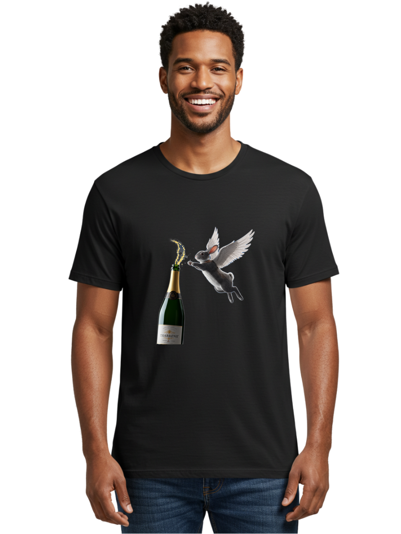 Thabrent-Champagne-Bottle-And-Flying-Bunny Men'S Graphic Tee, 100% Cotton, Comfortable Casual Summer Wear, Machine Washable, Vintage Camera, Old Camera, Antique Camera, Black Camera, Classic Photography, Photography Equipment, Ban737
