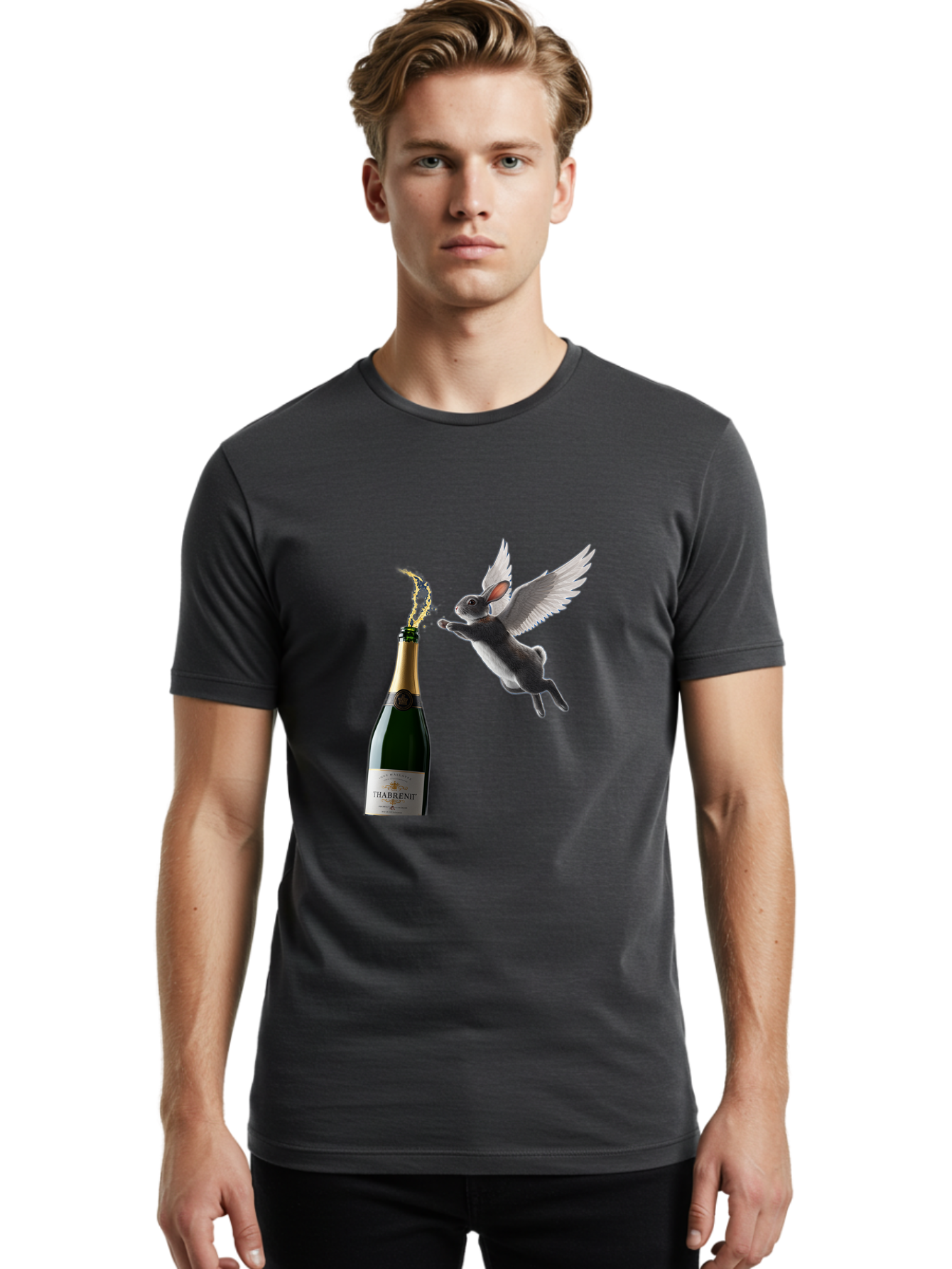 Thabrent-Champagne-Bottle-And-Flying-Bunny Men'S Graphic Tee, 100% Cotton, Comfortable Casual Summer Wear, Machine Washable, Vintage Camera, Old Camera, Antique Camera, Black Camera, Classic Photography, Photography Equipment, Ban737