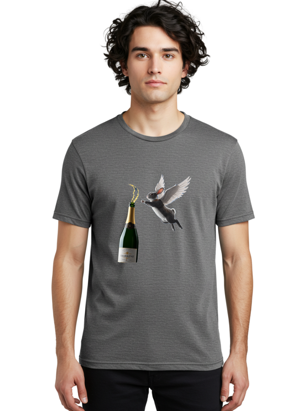 Thabrent-Champagne-Bottle-And-Flying-Bunny Men'S Graphic Tee, 100% Cotton, Comfortable Casual Summer Wear, Machine Washable, Vintage Camera, Old Camera, Antique Camera, Black Camera, Classic Photography, Photography Equipment, Ban737