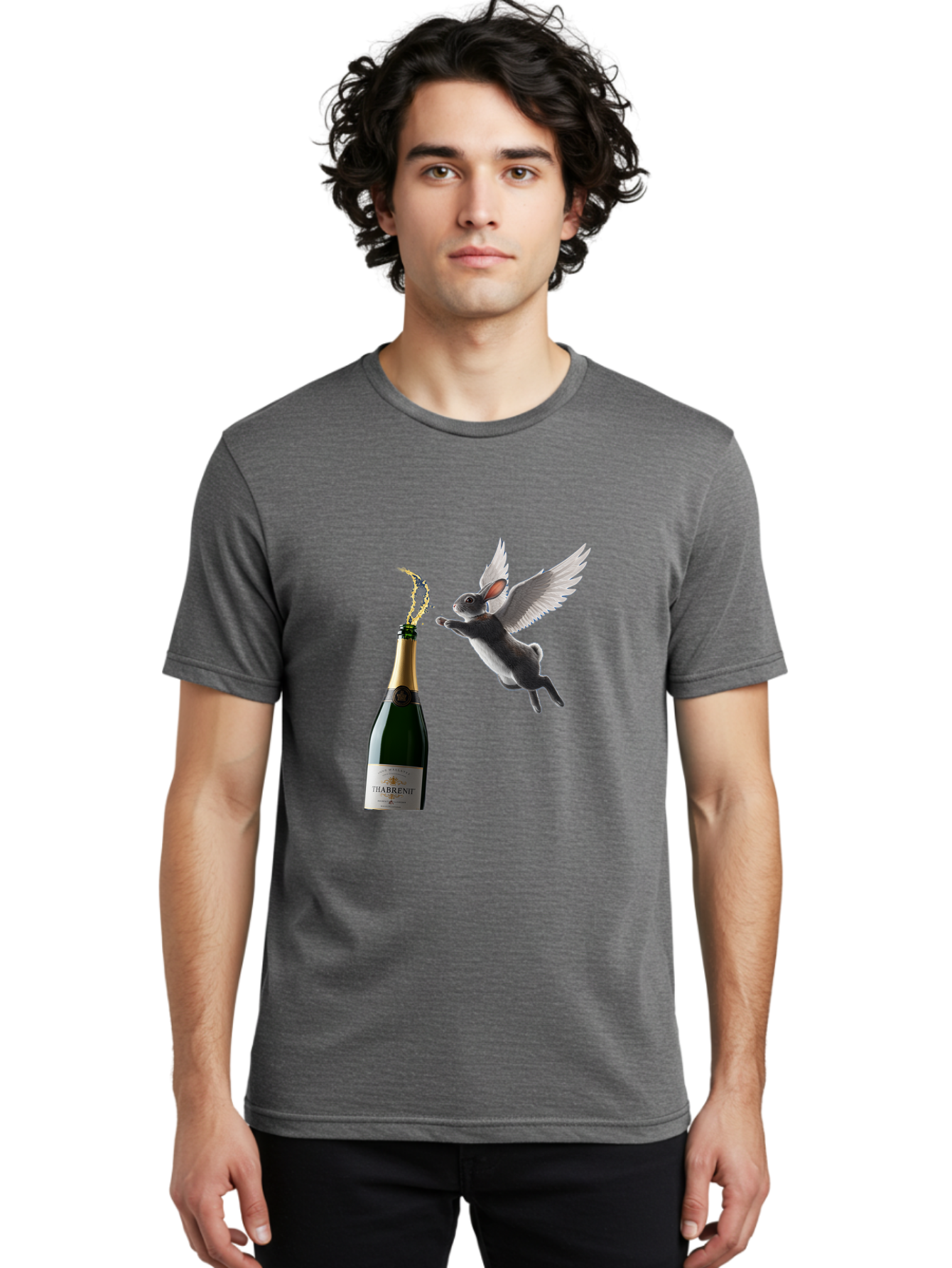 Thabrent-Champagne-Bottle-And-Flying-Bunny Men'S Graphic Tee, 100% Cotton, Comfortable Casual Summer Wear, Machine Washable, Vintage Camera, Old Camera, Antique Camera, Black Camera, Classic Photography, Photography Equipment, Ban737
