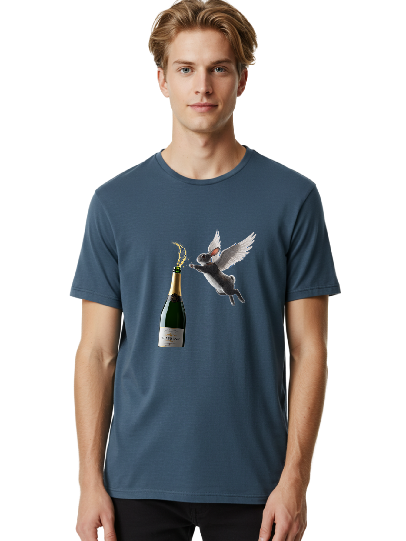 Thabrent-Champagne-Bottle-And-Flying-Bunny Men'S Graphic Tee, 100% Cotton, Comfortable Casual Summer Wear, Machine Washable, Vintage Camera, Old Camera, Antique Camera, Black Camera, Classic Photography, Photography Equipment, Ban737