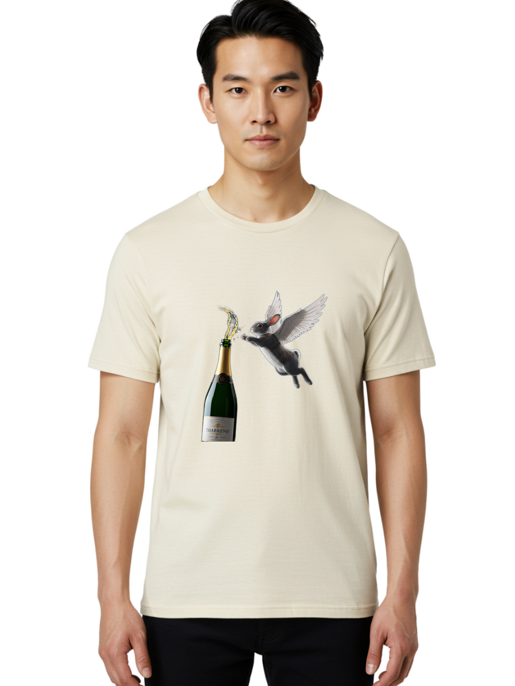 Thabrent-Champagne-Bottle-And-Flying-Bunny Men'S Graphic Tee, 100% Cotton, Comfortable Casual Summer Wear, Machine Washable, Vintage Camera, Old Camera, Antique Camera, Black Camera, Classic Photography, Photography Equipment, Ban737