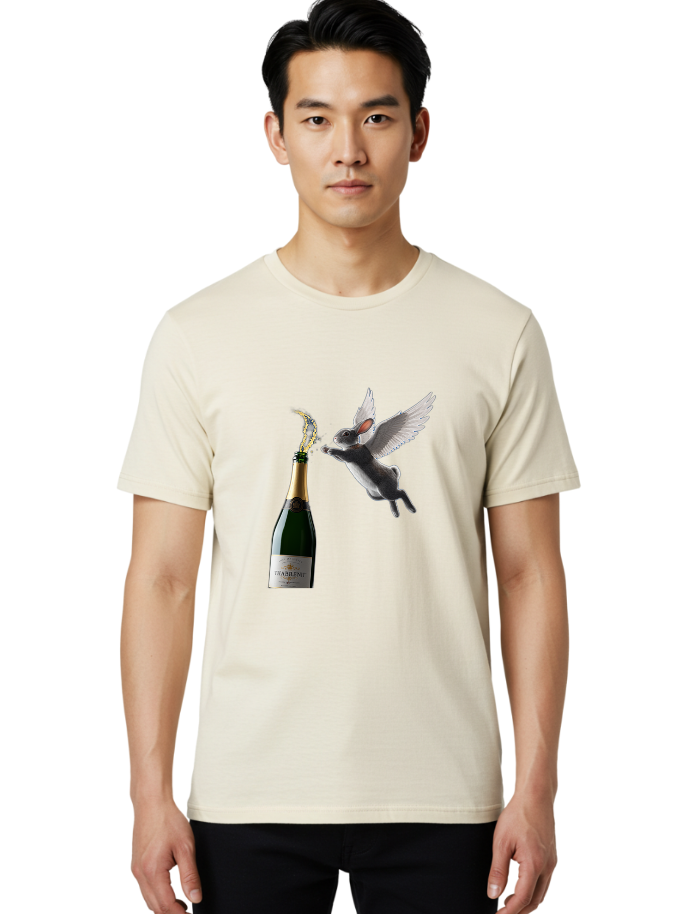Thabrent-Champagne-Bottle-And-Flying-Bunny Men'S Graphic Tee, 100% Cotton, Comfortable Casual Summer Wear, Machine Washable, Vintage Camera, Old Camera, Antique Camera, Black Camera, Classic Photography, Photography Equipment, Ban737