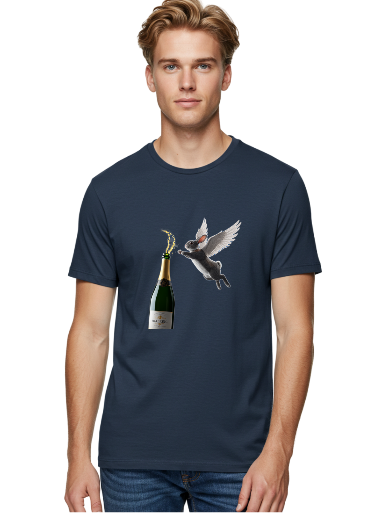 Thabrent-Champagne-Bottle-And-Flying-Bunny Men'S Graphic Tee, 100% Cotton, Comfortable Casual Summer Wear, Machine Washable, Vintage Camera, Old Camera, Antique Camera, Black Camera, Classic Photography, Photography Equipment, Ban737