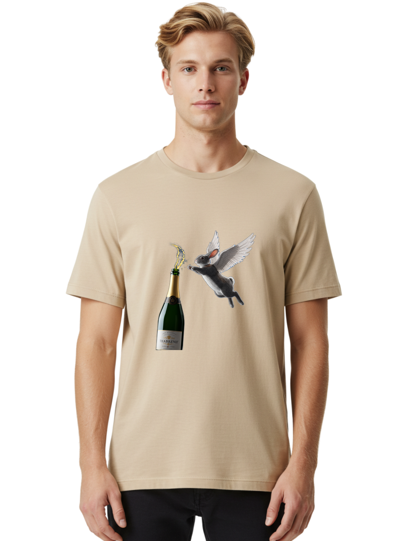 Thabrent-Champagne-Bottle-And-Flying-Bunny Men'S Graphic Tee, 100% Cotton, Comfortable Casual Summer Wear, Machine Washable, Vintage Camera, Old Camera, Antique Camera, Black Camera, Classic Photography, Photography Equipment, Ban737