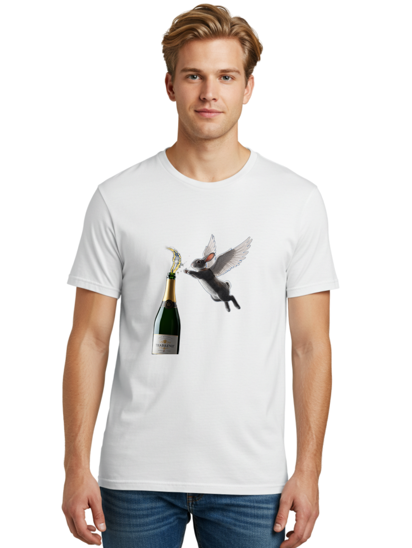 Thabrent-Champagne-Bottle-And-Flying-Bunny Men'S Graphic Tee, 100% Cotton, Comfortable Casual Summer Wear, Machine Washable, Vintage Camera, Old Camera, Antique Camera, Black Camera, Classic Photography, Photography Equipment, Ban737