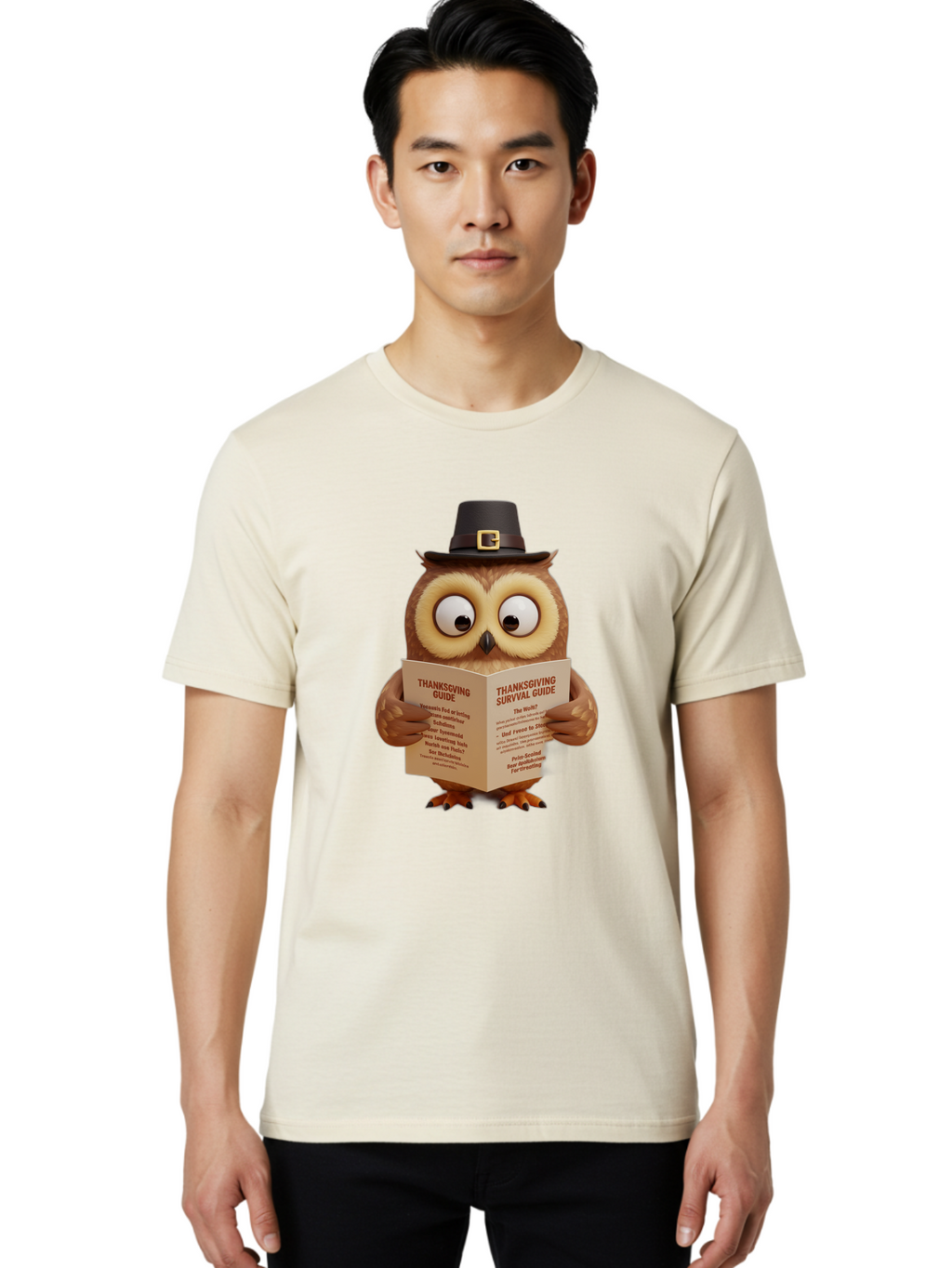 Thanksgiving-Survival-Guide-Owl-1 Men'S Graphic Tee, 100% Cotton, Comfortable Casual Summer Wear, Machine Washable, Vintage Camera, Old Camera, Antique Camera, Black Camera, Classic Photography, Photography Equipment, Nostalgic Device, Ban750