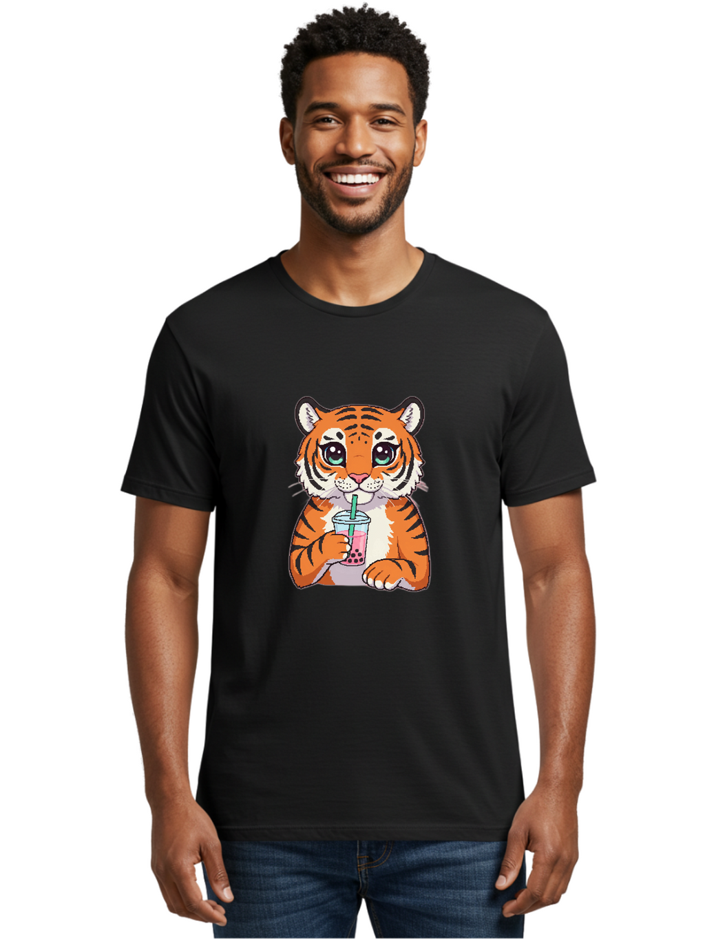 Tiger-Drinking-Bubble-Tea-1 Men'S Graphic Tee, 100% Cotton, Comfortable Casual Summer Wear, Machine Washable, Vintage Camera, Old Camera, Antique Camera, Black Camera, Classic Photography, Photography Equipment, Nostalgic Device, Film Camera, Ban767