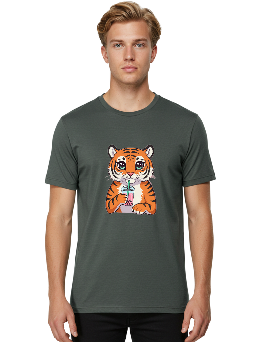 Tiger-Drinking-Bubble-Tea-1 Men'S Graphic Tee, 100% Cotton, Comfortable Casual Summer Wear, Machine Washable, Vintage Camera, Old Camera, Antique Camera, Black Camera, Classic Photography, Photography Equipment, Nostalgic Device, Film Camera, Ban767