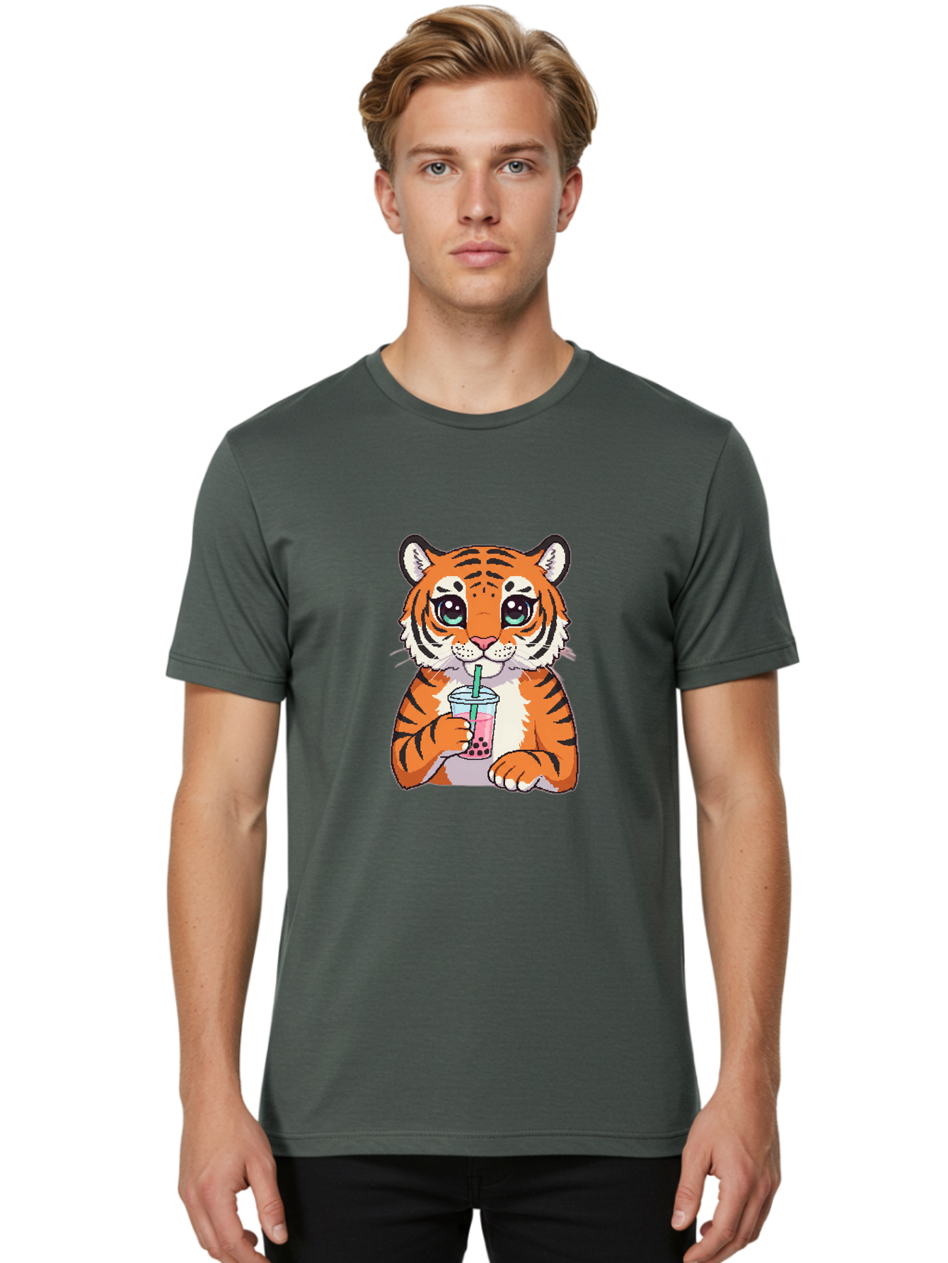 Tiger-Drinking-Bubble-Tea-1 Men'S Graphic Tee, 100% Cotton, Comfortable Casual Summer Wear, Machine Washable, Vintage Camera, Old Camera, Antique Camera, Black Camera, Classic Photography, Photography Equipment, Nostalgic Device, Film Camera, Ban767