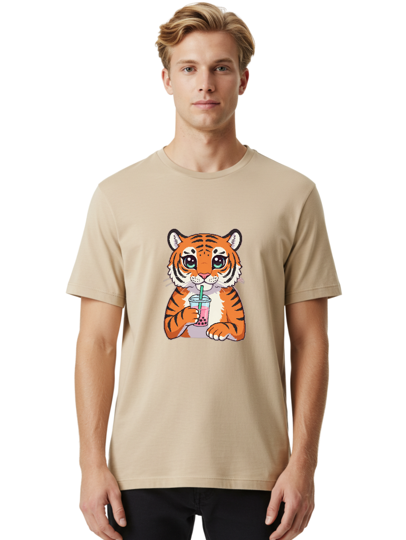 Tiger-Drinking-Bubble-Tea-1 Men'S Graphic Tee, 100% Cotton, Comfortable Casual Summer Wear, Machine Washable, Vintage Camera, Old Camera, Antique Camera, Black Camera, Classic Photography, Photography Equipment, Nostalgic Device, Film Camera, Ban767