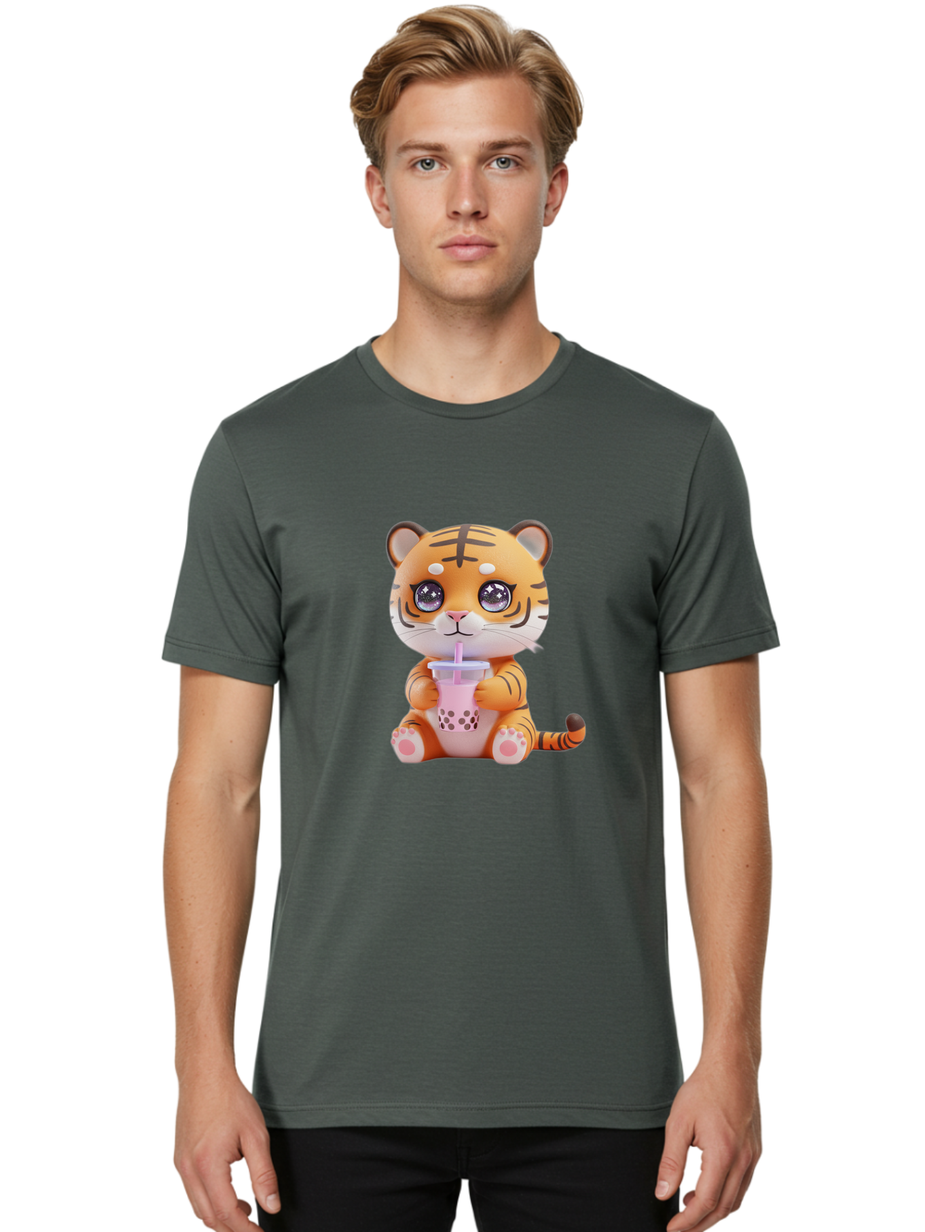 Tiger-Drinking-Bubble-Tea-2 Men'S Graphic Tee, 100% Cotton, Comfortable Casual Summer Wear, Machine Washable, Vintage Camera, Old Camera, Antique Camera, Black Camera, Classic Photography, Photography Equipment, Nostalgic Device, Film Camera, Ban768