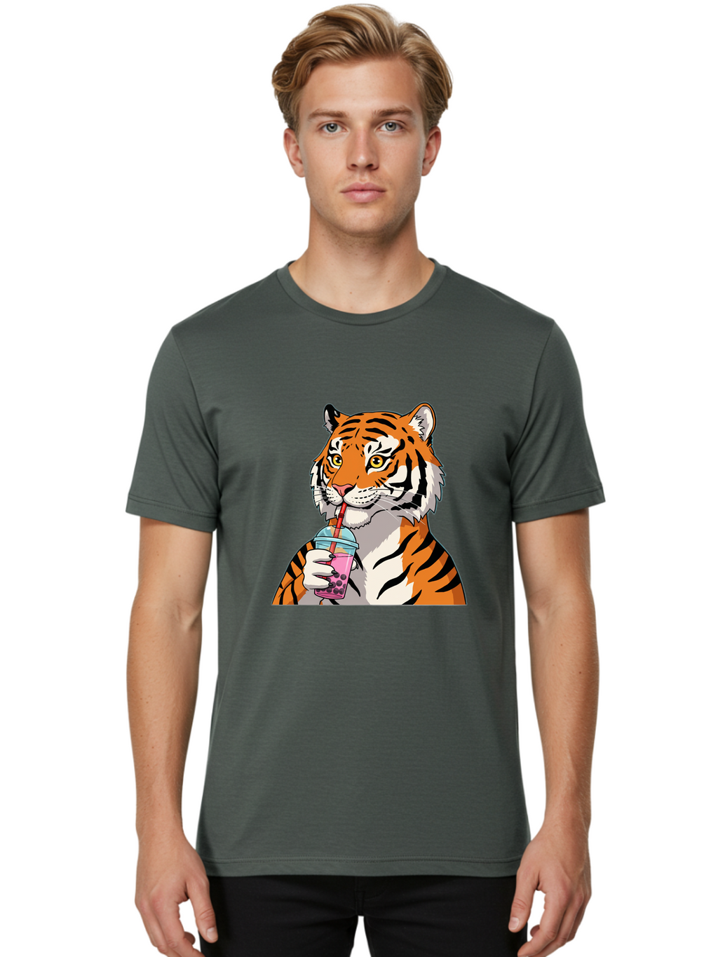 Tiger-Drinking-Bubble-Tea Men'S Graphic Tee, 100% Cotton, Comfortable Casual Summer Wear, Machine Washable, Vintage Camera, Old Camera, Antique Camera, Black Camera, Classic Photography, Photography Equipment, Nostalgic Device, Film Camera, Ban769