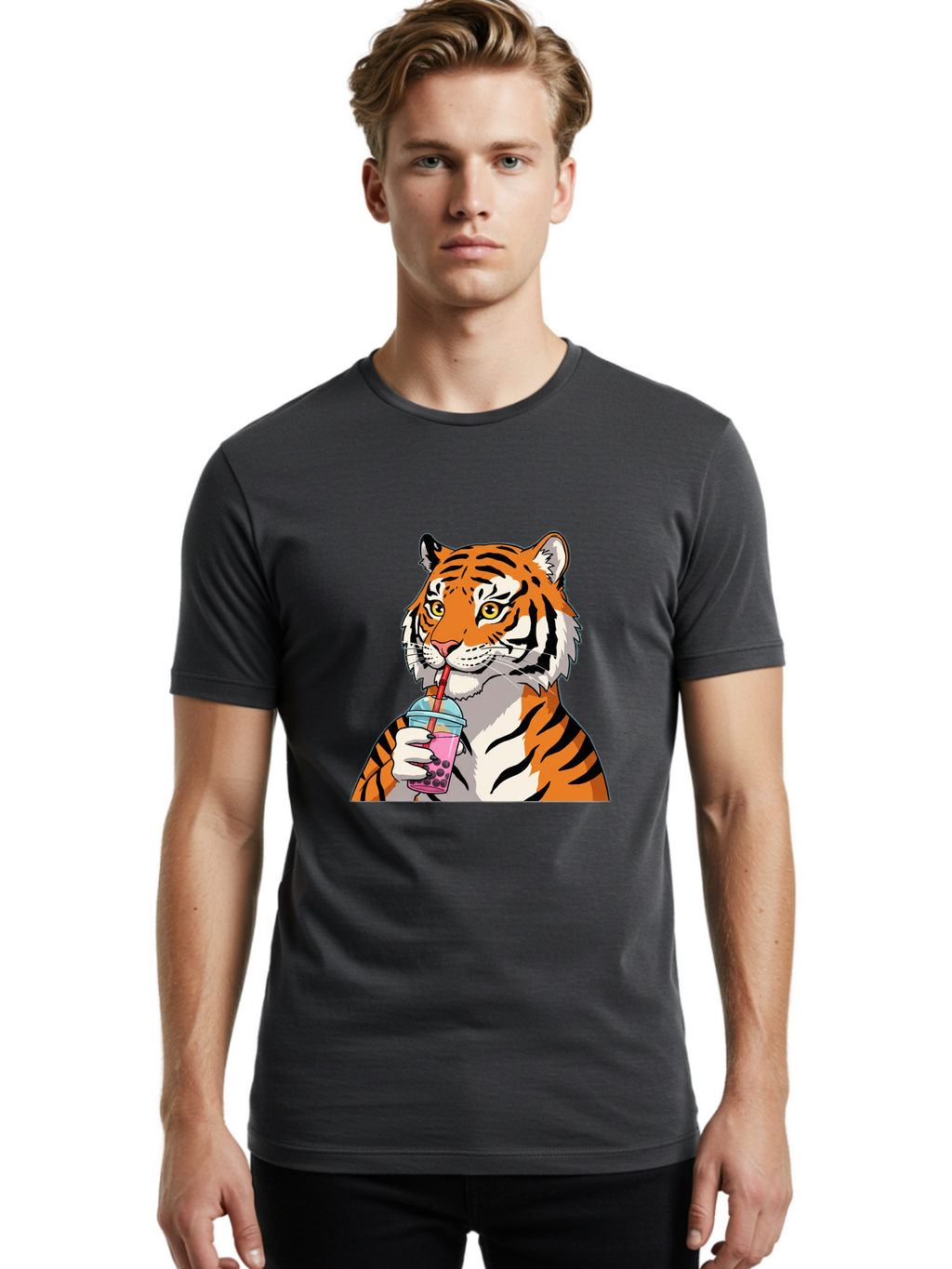 Tiger-Drinking-Bubble-Tea Men'S Graphic Tee, 100% Cotton, Comfortable Casual Summer Wear, Machine Washable, Vintage Camera, Old Camera, Antique Camera, Black Camera, Classic Photography, Photography Equipment, Nostalgic Device, Film Camera, Ban769