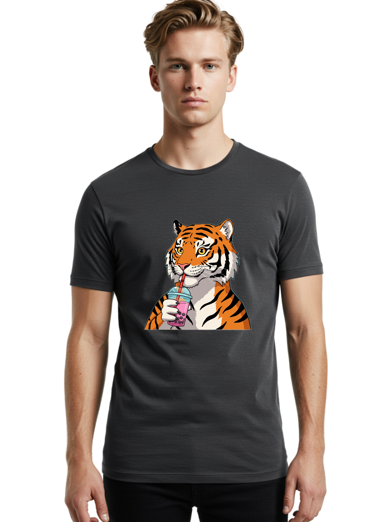 Tiger-Drinking-Bubble-Tea Men'S Graphic Tee, 100% Cotton, Comfortable Casual Summer Wear, Machine Washable, Vintage Camera, Old Camera, Antique Camera, Black Camera, Classic Photography, Photography Equipment, Nostalgic Device, Film Camera, Ban769