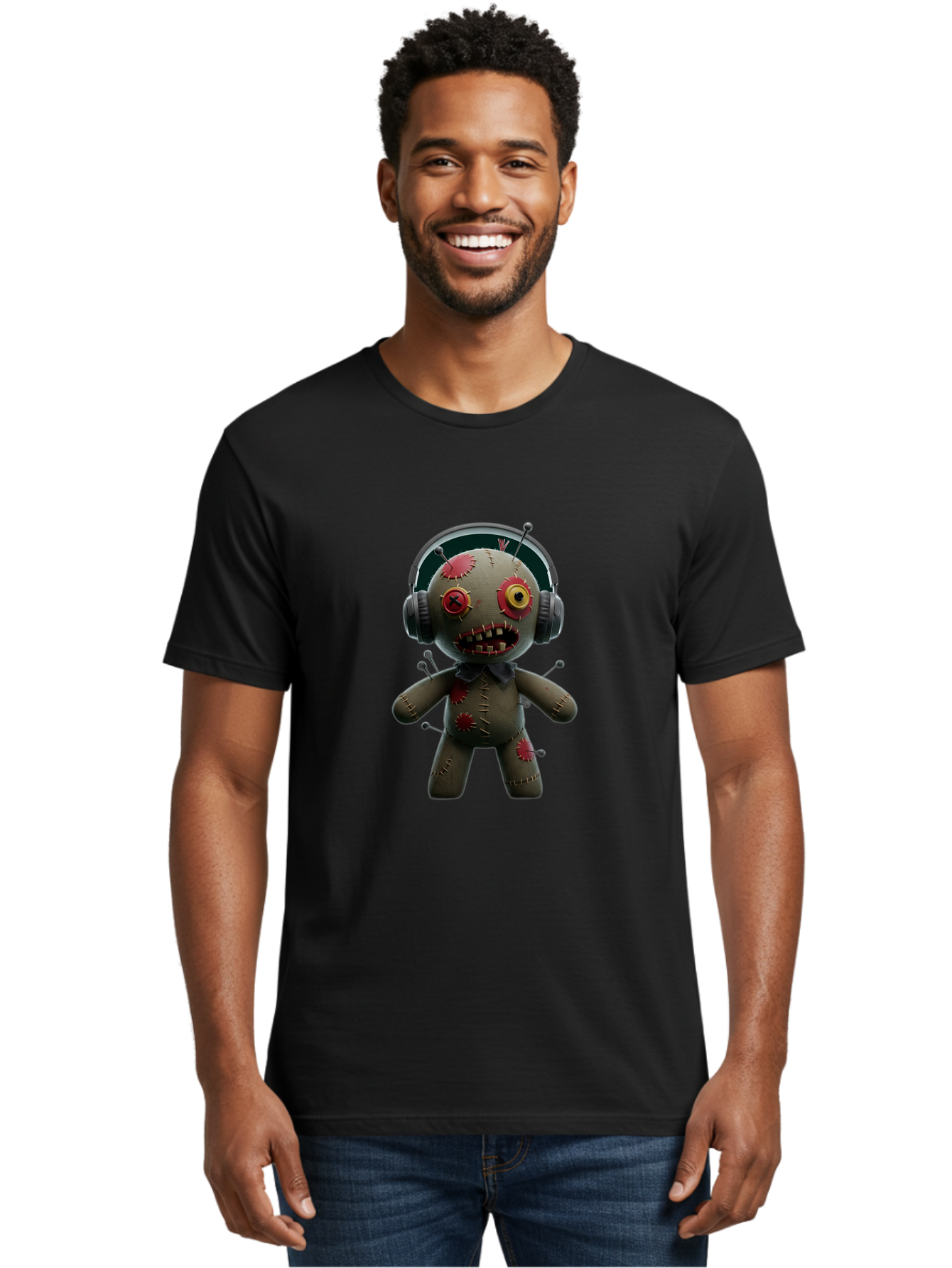 Voodoo-Doll-With-Headphones-1 Men'S Graphic Tee, 100% Cotton, Comfortable Casual Summer Wear, Machine Washable, Vintage Camera, Old Camera, Antique Camera, Black Camera, Classic Photography, Photography Equipment, Nostalgic Device, Ban942