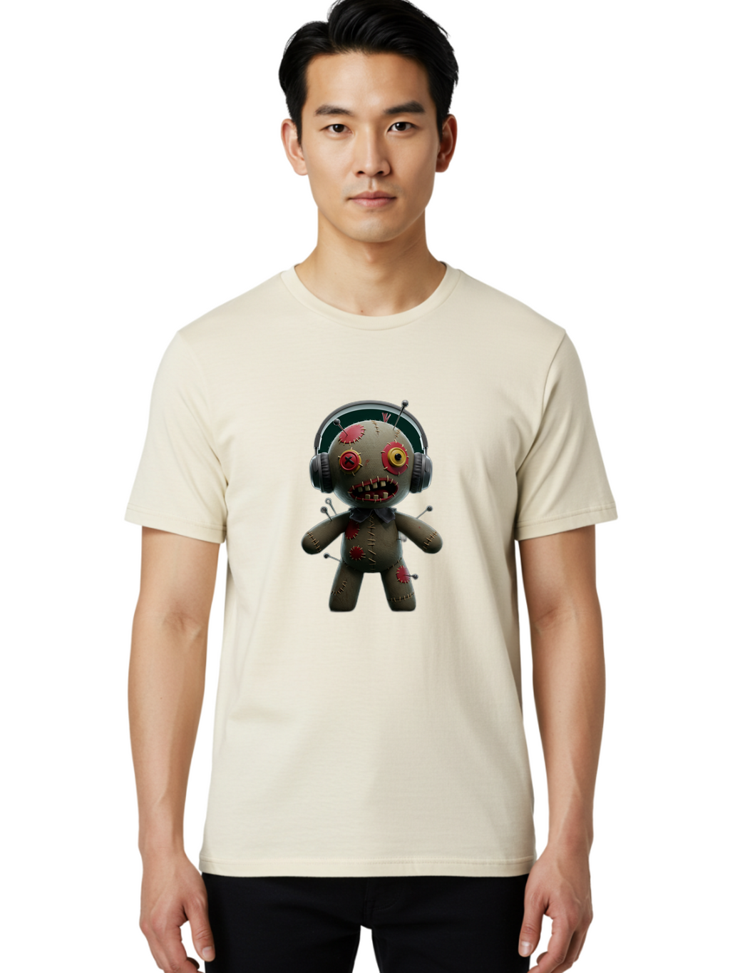 Voodoo-Doll-With-Headphones-1 Men'S Graphic Tee, 100% Cotton, Comfortable Casual Summer Wear, Machine Washable, Vintage Camera, Old Camera, Antique Camera, Black Camera, Classic Photography, Photography Equipment, Nostalgic Device, Ban942