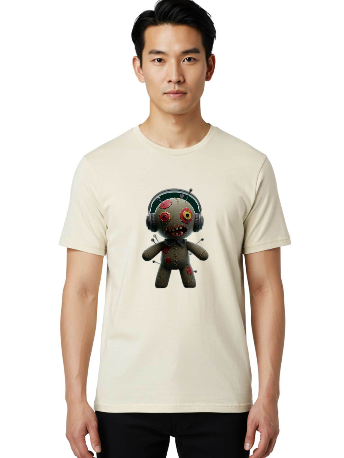 Voodoo-Doll-With-Headphones-1 Men'S Graphic Tee, 100% Cotton, Comfortable Casual Summer Wear, Machine Washable, Vintage Camera, Old Camera, Antique Camera, Black Camera, Classic Photography, Photography Equipment, Nostalgic Device, Ban942