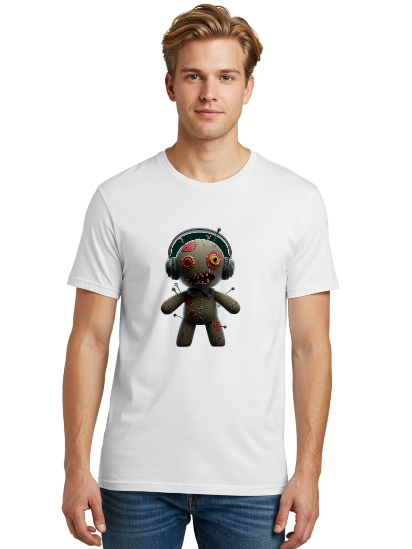 Voodoo-Doll-With-Headphones-1 Men'S Graphic Tee, 100% Cotton, Comfortable Casual Summer Wear, Machine Washable, Vintage Camera, Old Camera, Antique Camera, Black Camera, Classic Photography, Photography Equipment, Nostalgic Device, Ban942