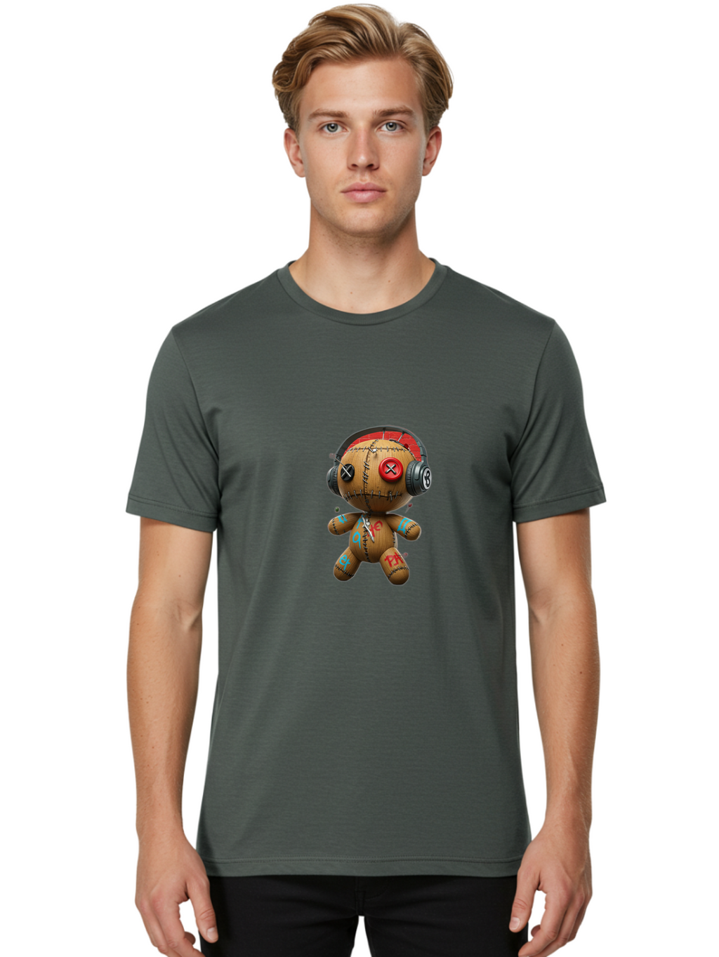 Voodoo-Doll-With-Headphones-2 Men'S Graphic Tee, 100% Cotton, Comfortable Casual Summer Wear, Machine Washable, Vintage Camera, Old Camera, Antique Camera, Black Camera, Classic Photography, Photography Equipment, Nostalgic Device, Ban943