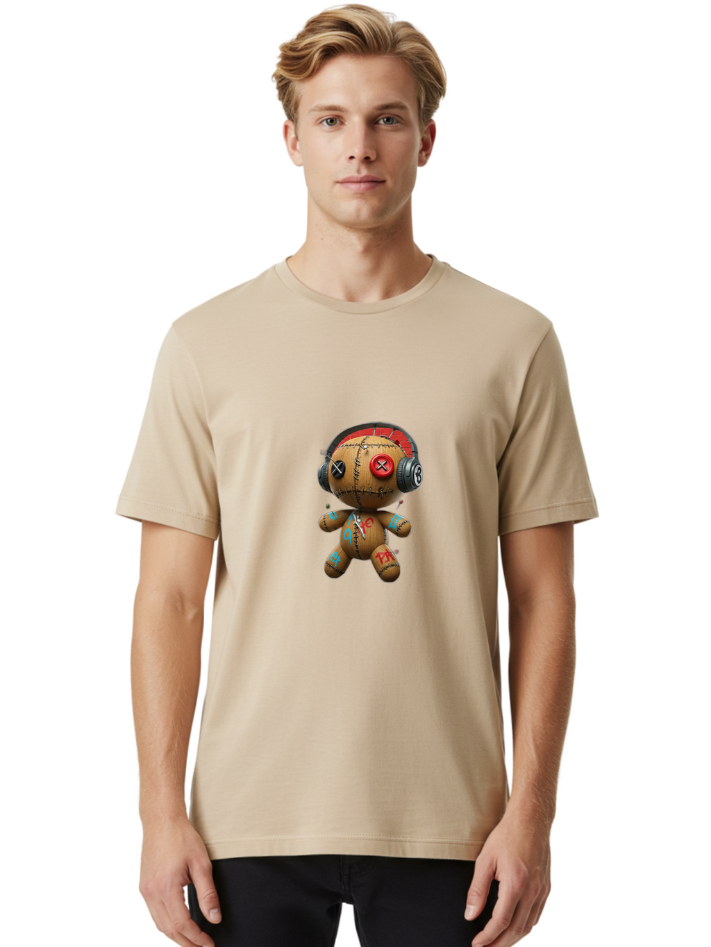 Voodoo-Doll-With-Headphones-2 Men'S Graphic Tee, 100% Cotton, Comfortable Casual Summer Wear, Machine Washable, Vintage Camera, Old Camera, Antique Camera, Black Camera, Classic Photography, Photography Equipment, Nostalgic Device, Ban943