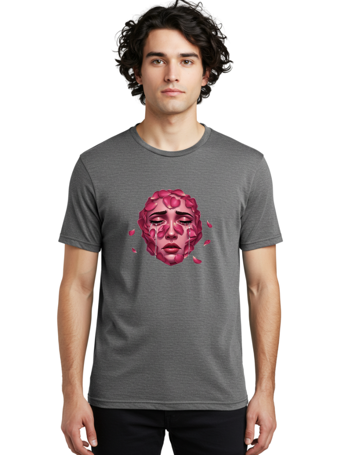 Woman-S-Face-With-Rose-Petals-And-Tears Men'S Graphic Tee, 100% Cotton, Comfortable Casual Summer Wear, Machine Washable, Vintage Camera, Old Camera, Antique Camera, Black Camera, Classic Photography, Photography Equipment, Nostalgic Device, Ban989