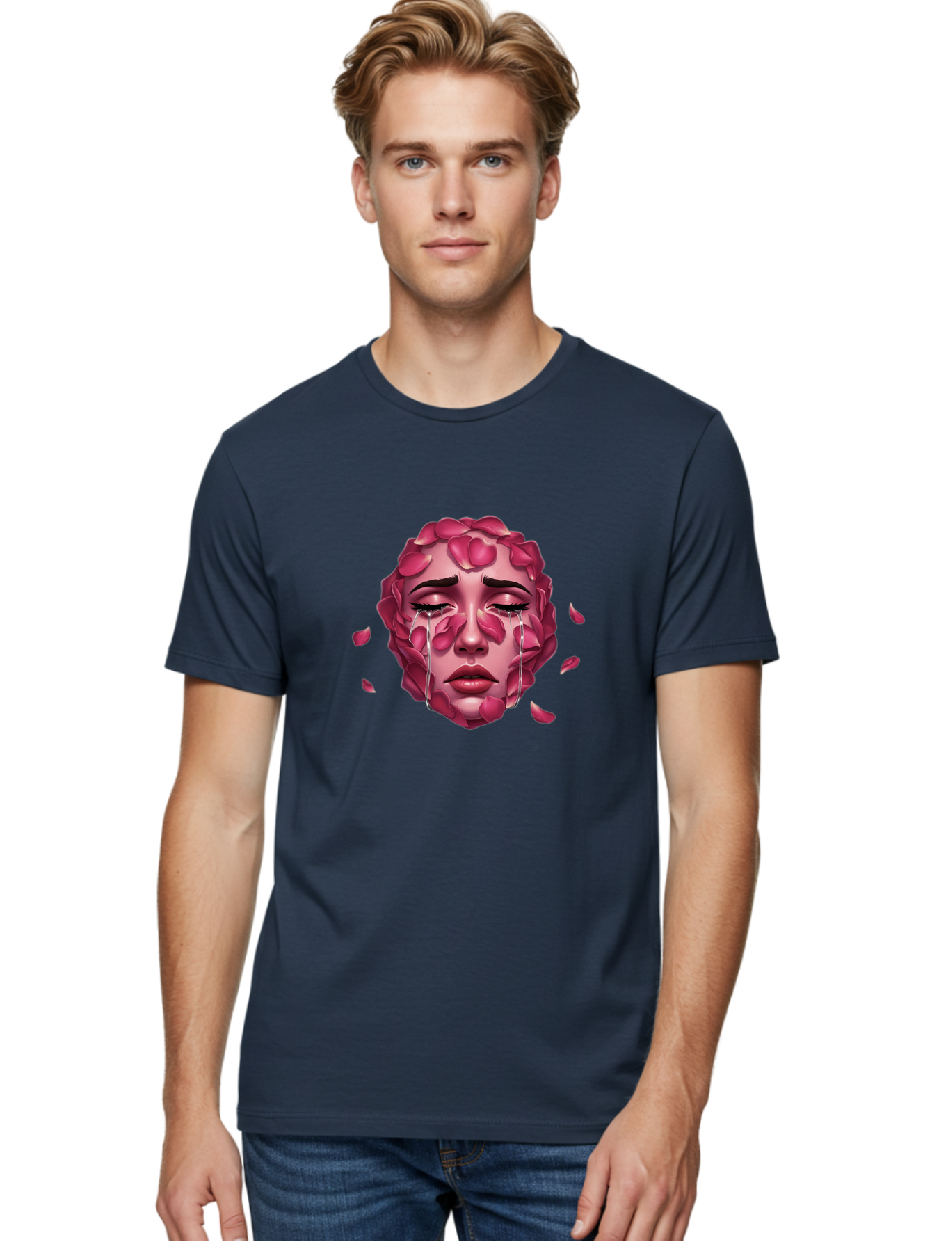 Woman-S-Face-With-Rose-Petals-And-Tears Men'S Graphic Tee, 100% Cotton, Comfortable Casual Summer Wear, Machine Washable, Vintage Camera, Old Camera, Antique Camera, Black Camera, Classic Photography, Photography Equipment, Nostalgic Device, Ban989