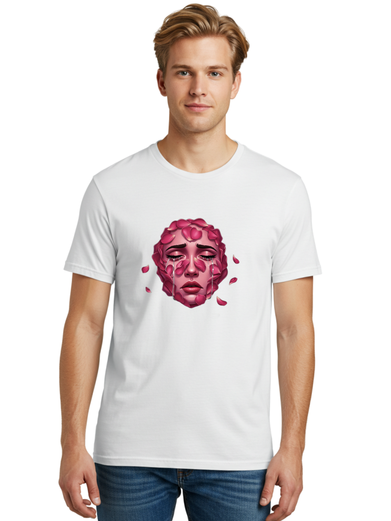 Woman-S-Face-With-Rose-Petals-And-Tears Men'S Graphic Tee, 100% Cotton, Comfortable Casual Summer Wear, Machine Washable, Vintage Camera, Old Camera, Antique Camera, Black Camera, Classic Photography, Photography Equipment, Nostalgic Device, Ban989